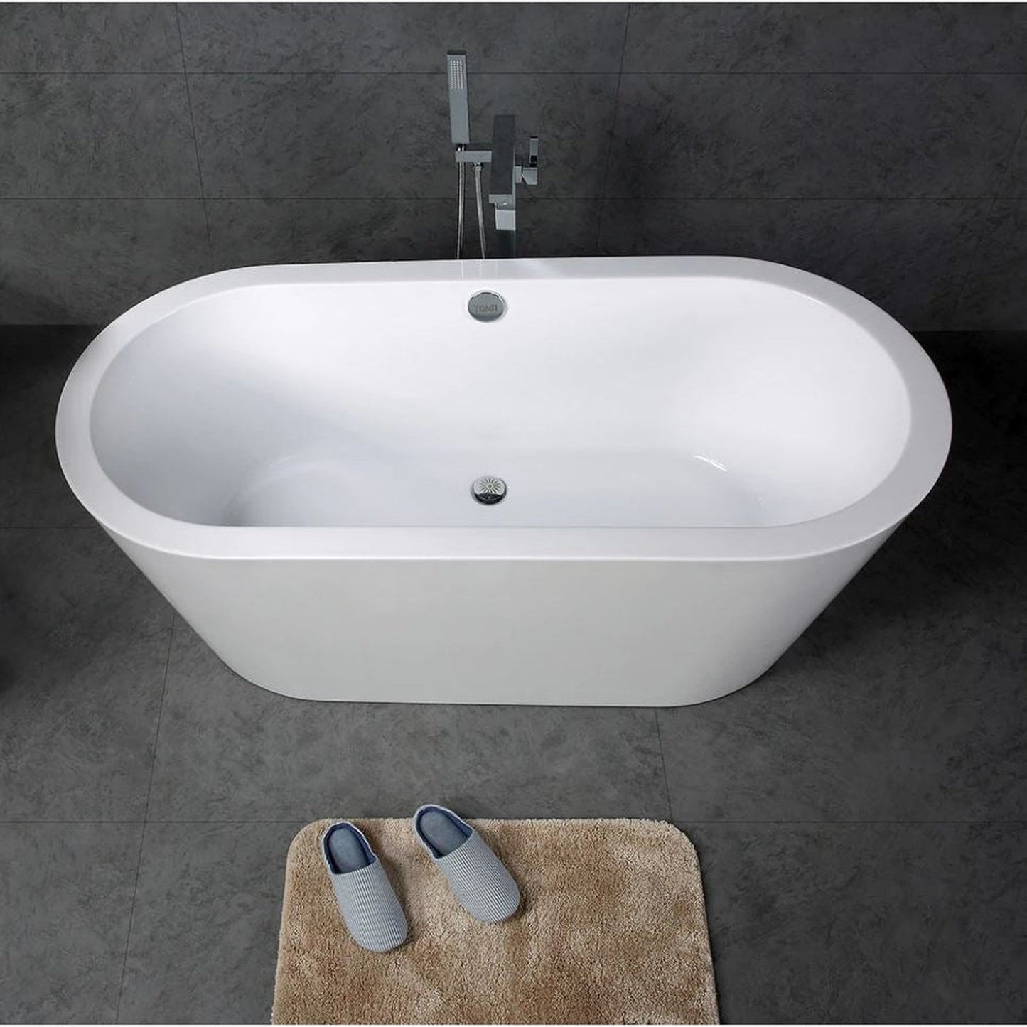 TONA Spree 71" Glossy White Acrylic Freestanding Bathtub With Chrome Drain Cover and Overflow Cover