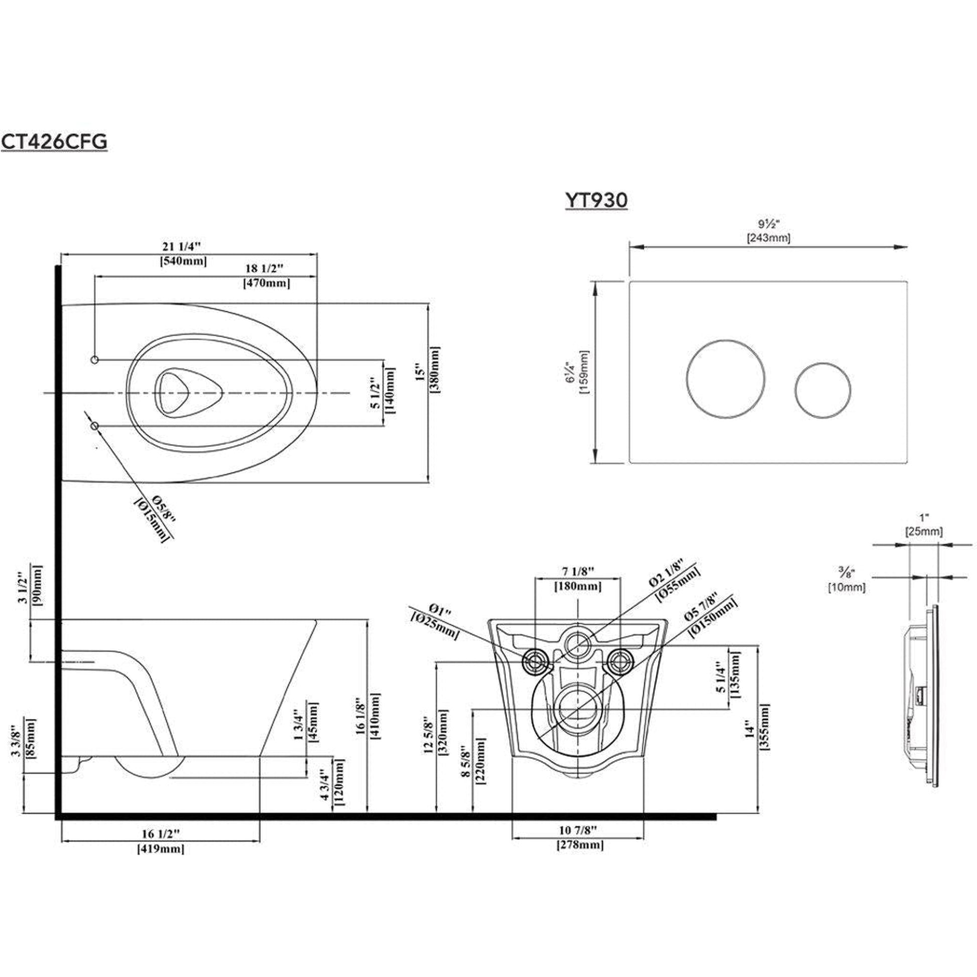 TOTO AP Wall-Hung 1.28 GPF and 0.9 GPF Dual-Flush Elongated Toilet With Duofit In-Wall Tank Unit and White Push Plate