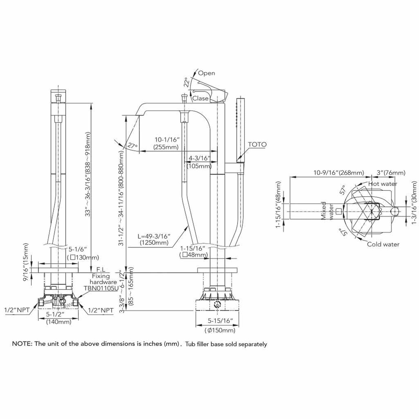 TOTO GC Polished French Gold Floor Mounted Freestanding Tub Filler With Handshower