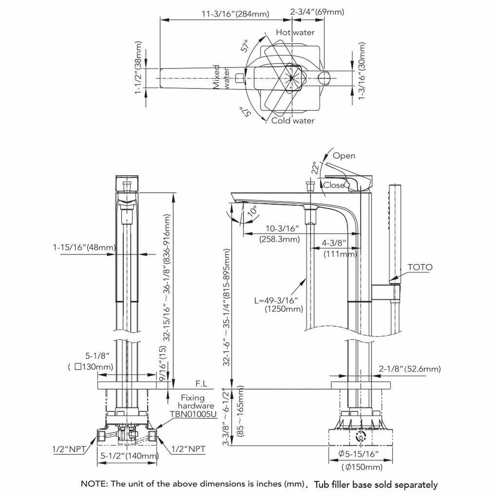 TOTO GE Brushed Nickel Floor Mounted Freestanding Tub Filler With Handshower