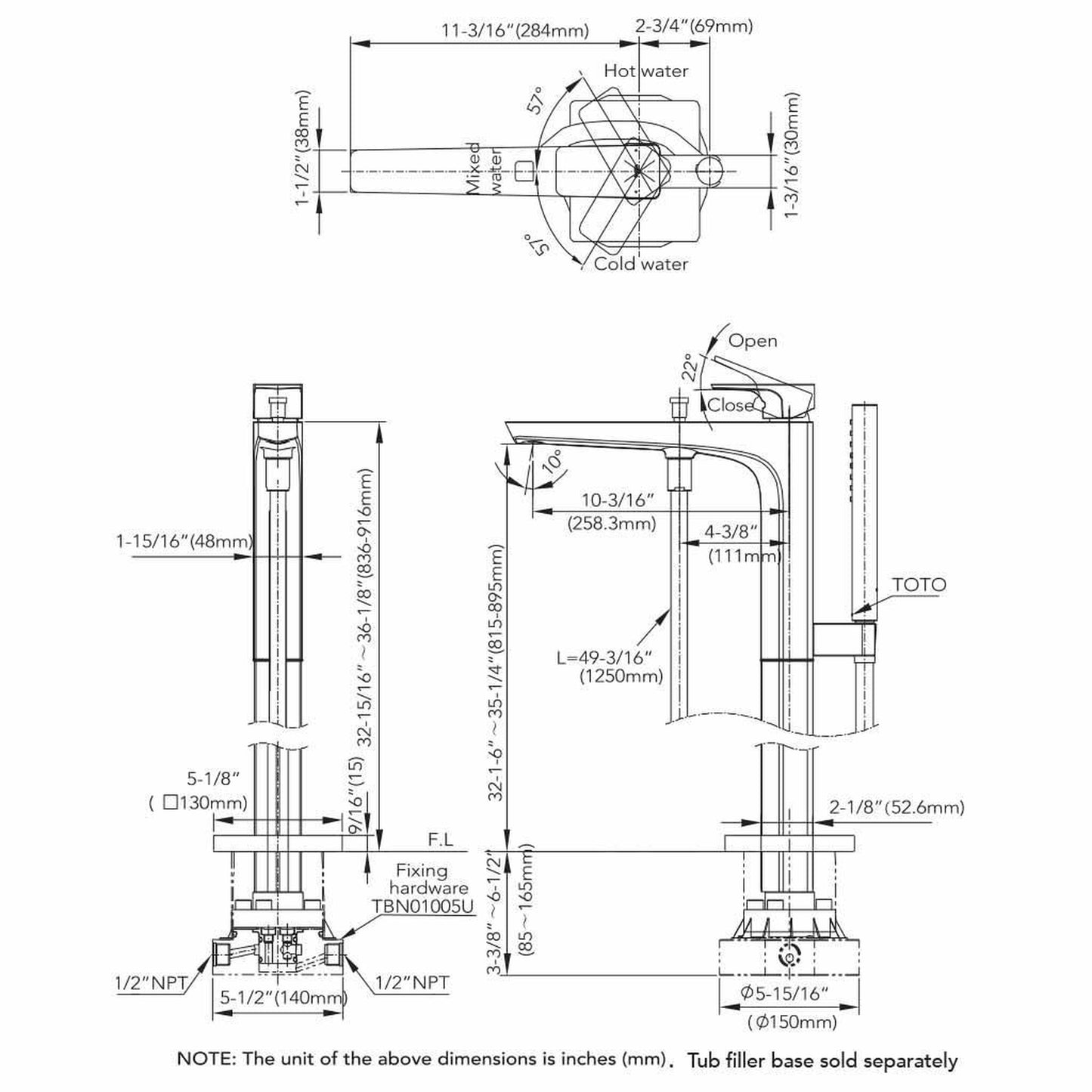 TOTO GE Polished French Gold Floor Mounted Freestanding Tub Filler With Handshower