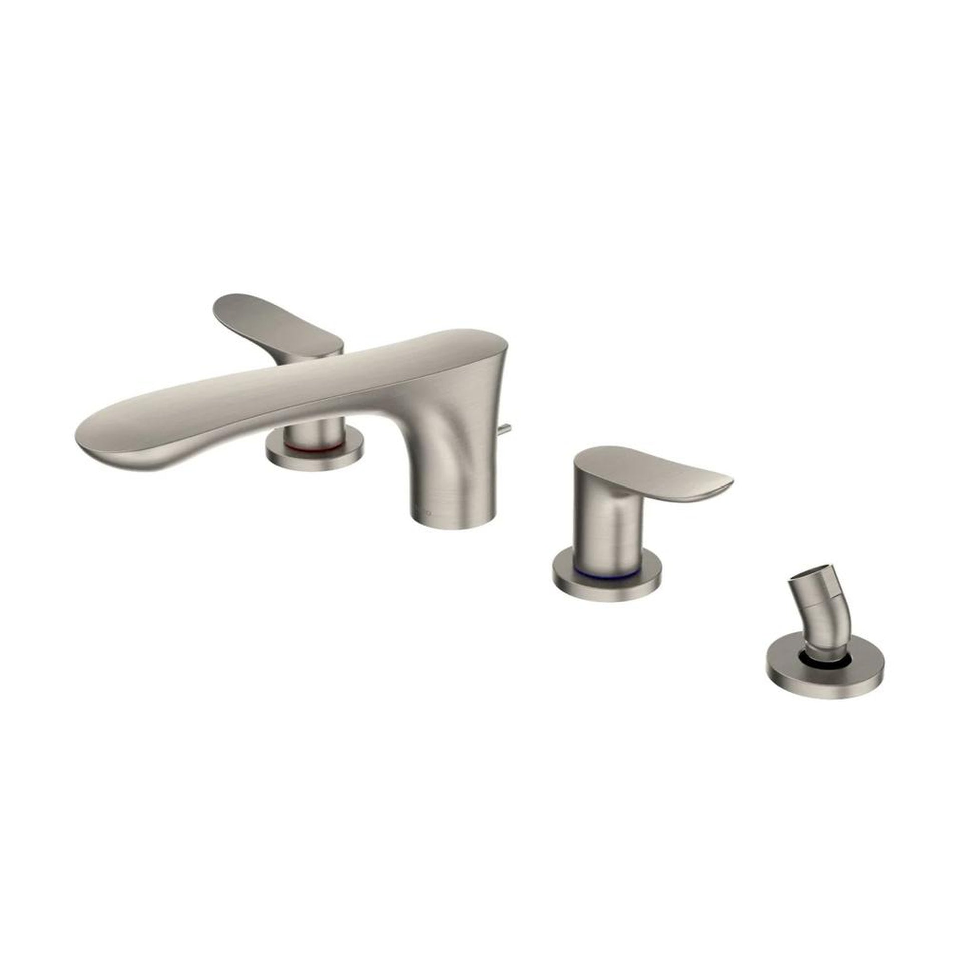 TOTO GO Brushed Nickel Four-Hole Double-Handle Deck-Mounted Roman Tub Filler With Handshower Outlet