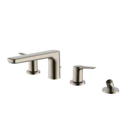 TOTO GS Brushed Nickel Four-Hole Double-Handle Deck-Mounted Roman Tub Filler With Handshower Outlet