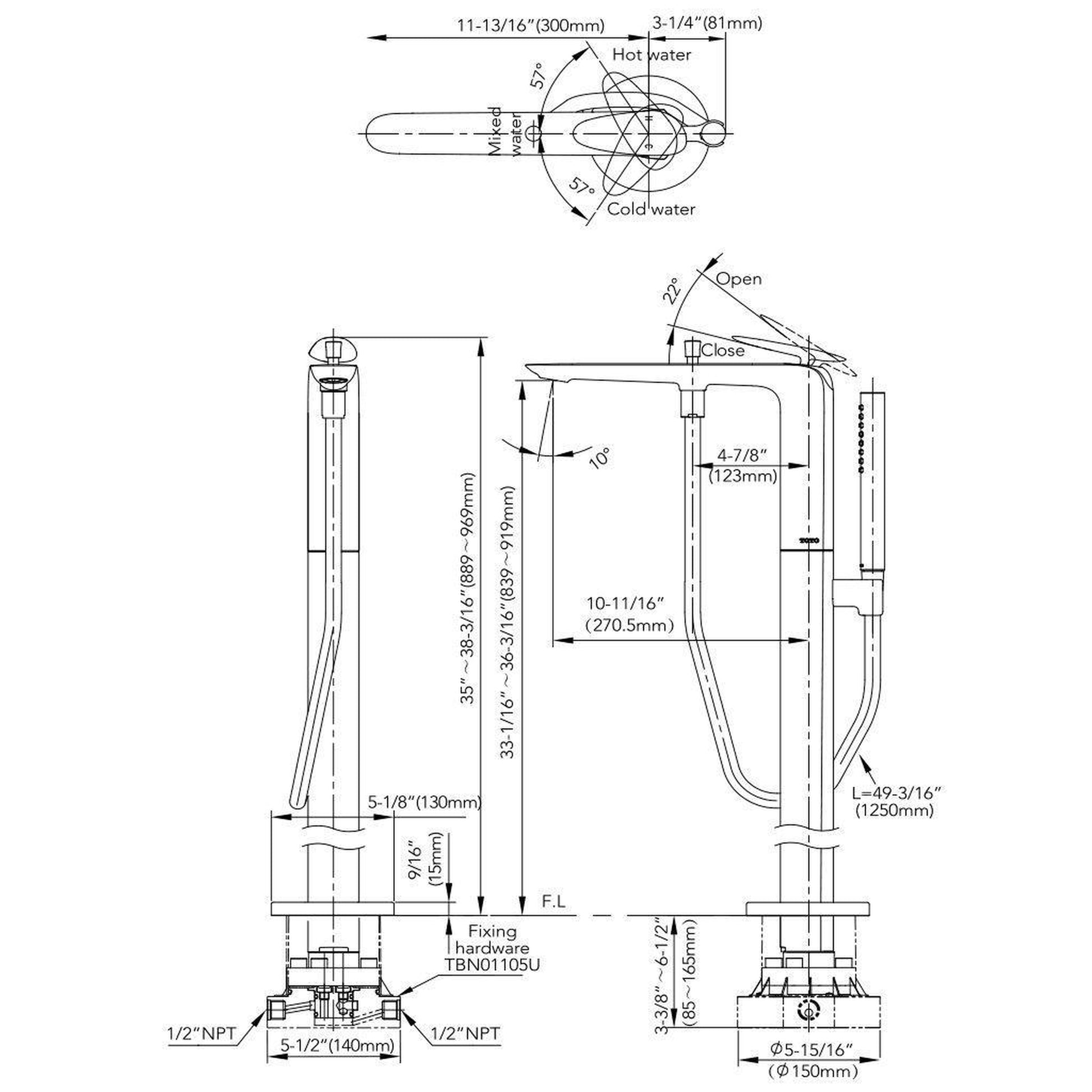 TOTO ZA Polished Chrome Floor Mounted Freestanding Tub Filler With Handshower