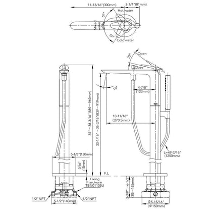 TOTO ZA Polished Chrome Floor Mounted Freestanding Tub Filler With Handshower