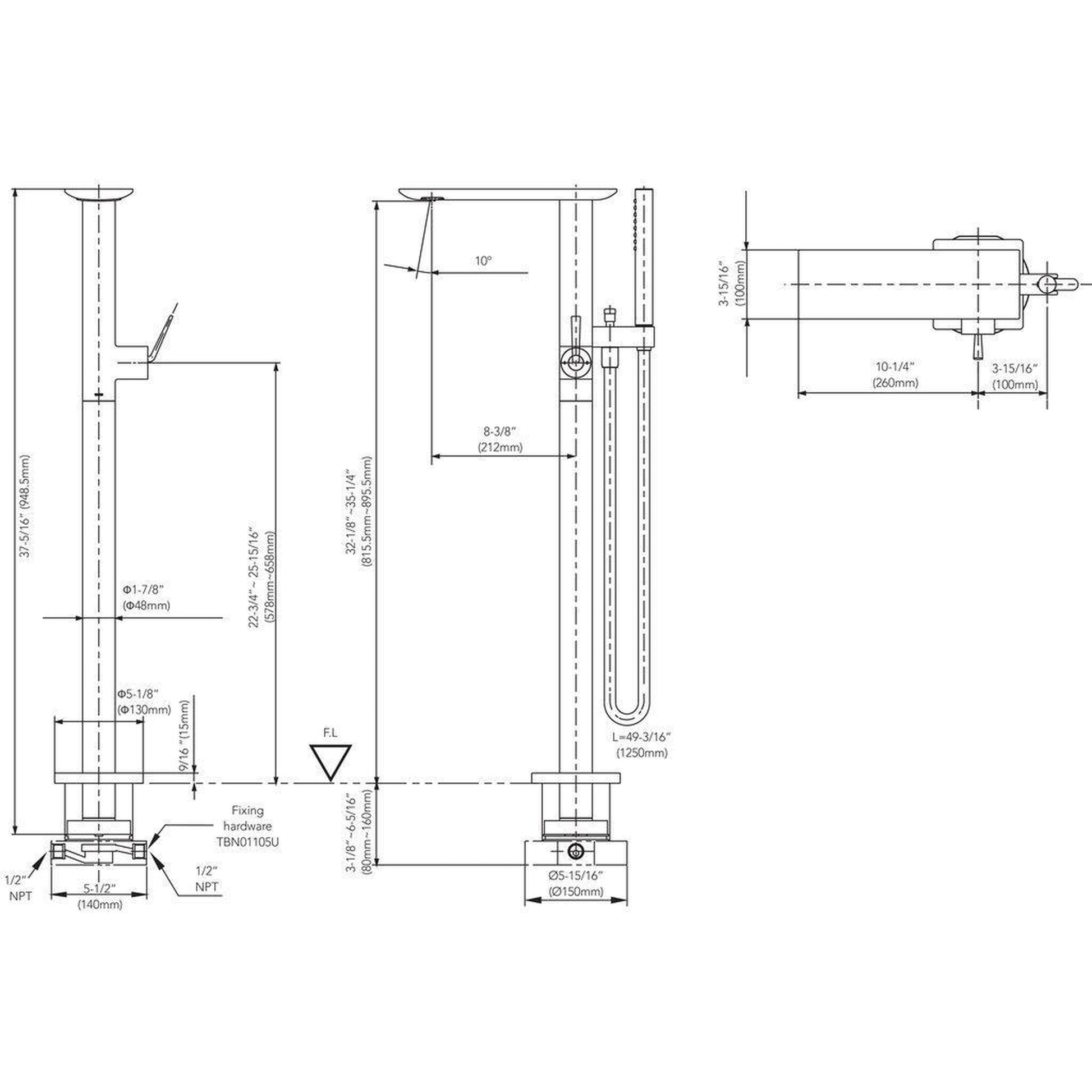 TOTO ZL Polished Chrome Modern Freestanding Tub Filler With Handshower