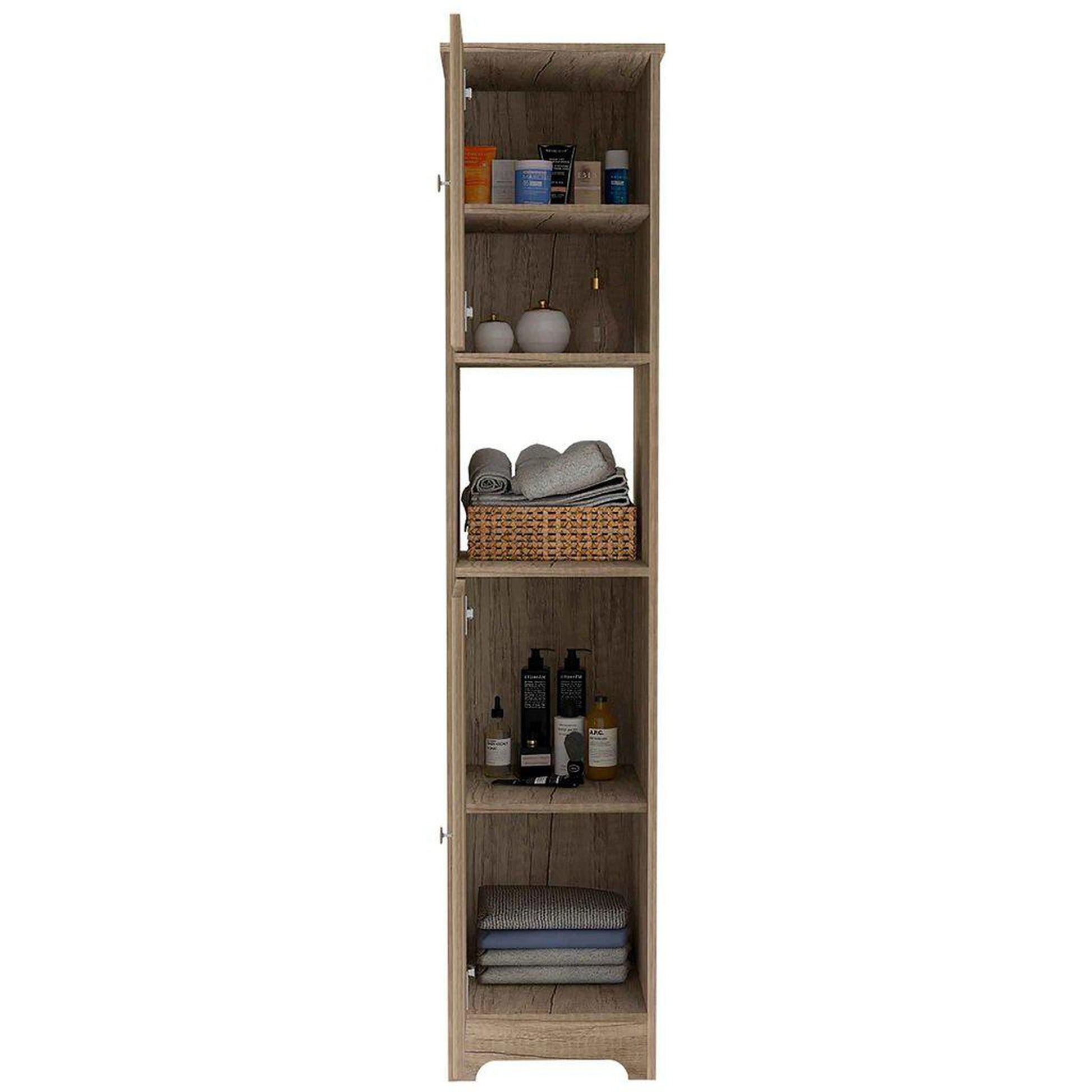 TUHOME Ibis 68" Weathered Oak Freestanding Linen Cabinet With Open Shelf