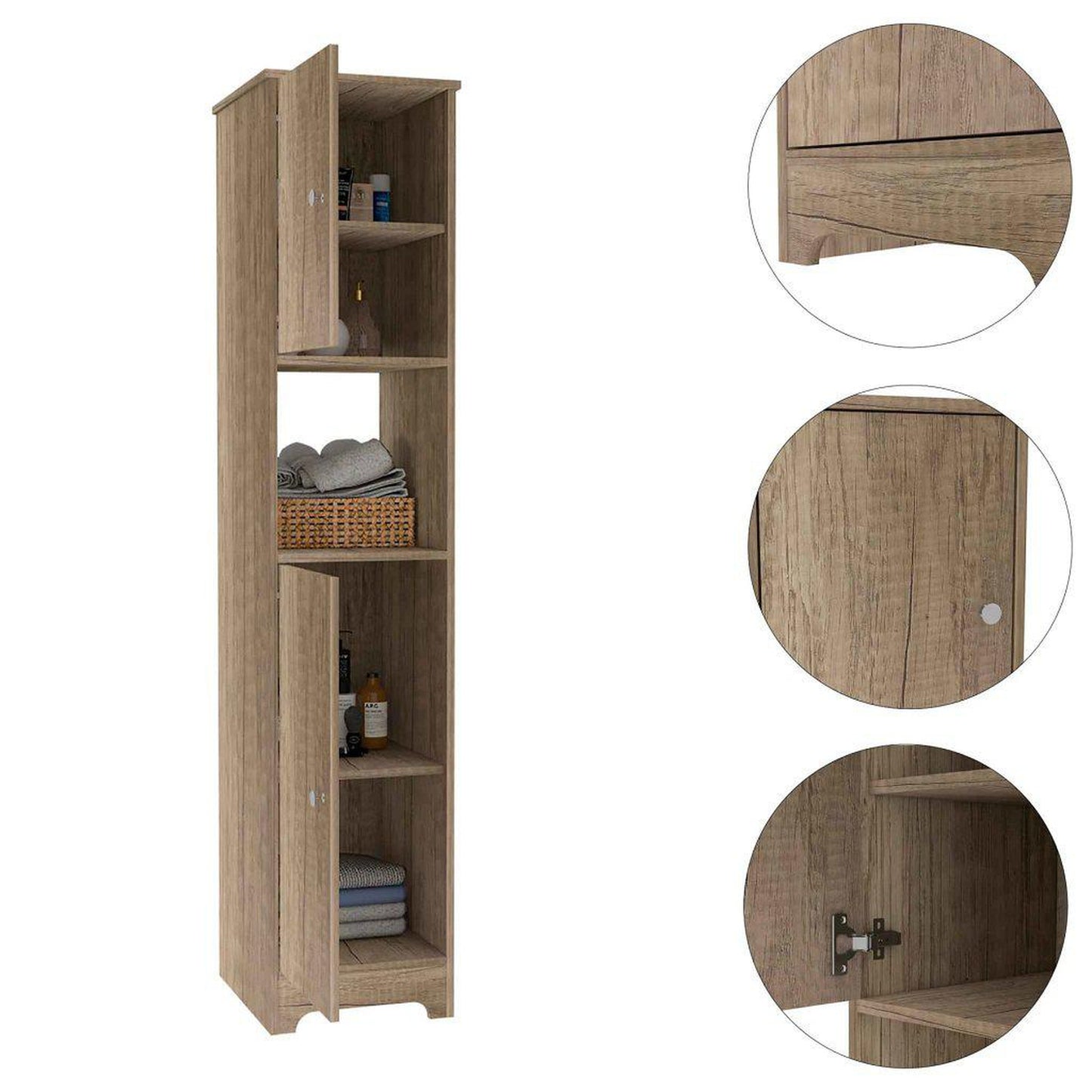 TUHOME Ibis 68" Weathered Oak Freestanding Linen Cabinet With Open Shelf