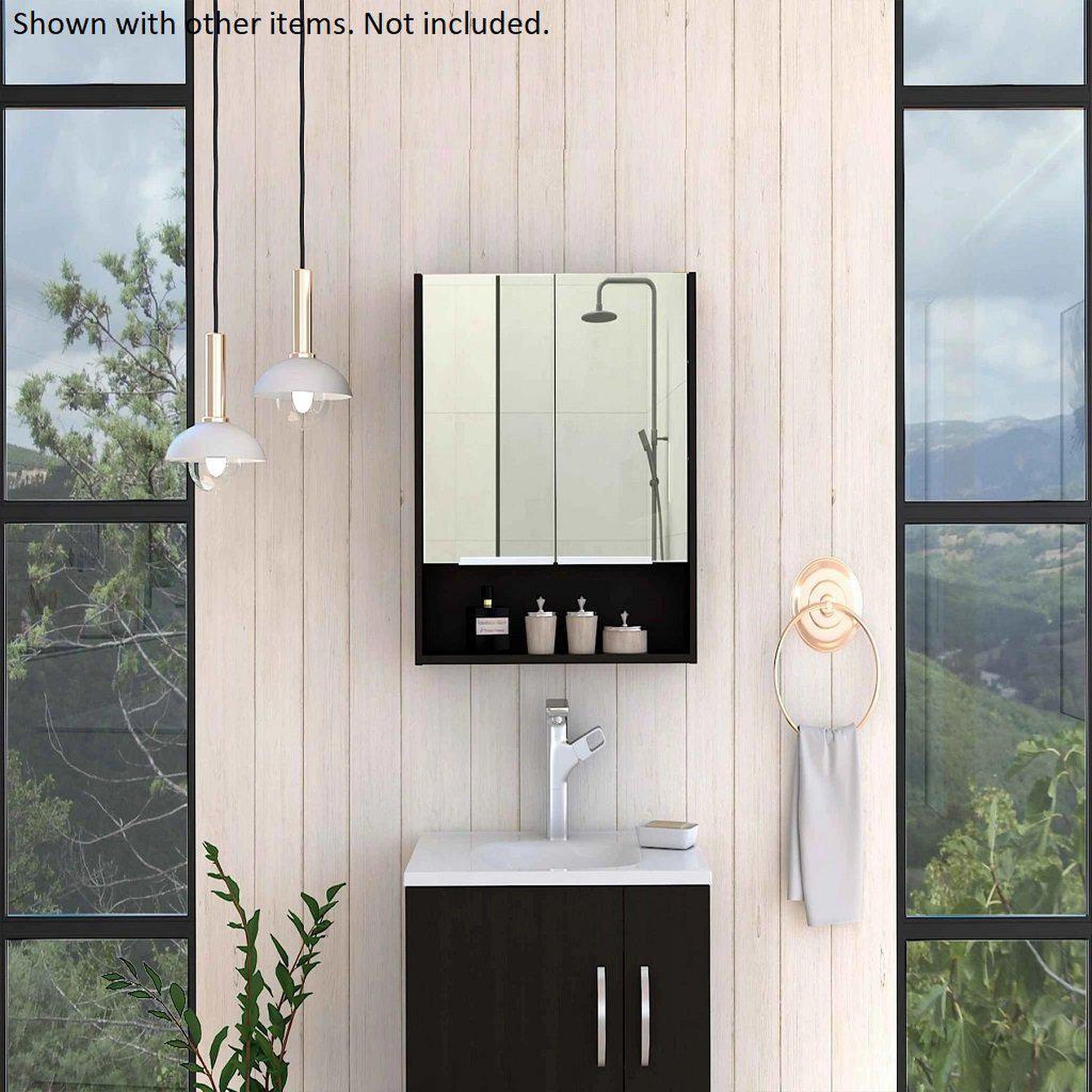 TUHOME Jaspe 24" x 25" Black Wengue Wall-Mounted Mirror Medicine Cabinet With Wide-Open Shelf