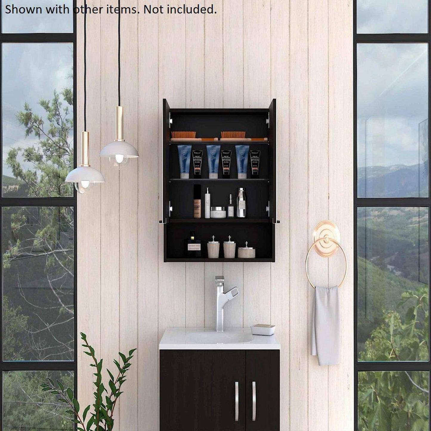 TUHOME Jaspe 24" x 25" Black Wengue Wall-Mounted Mirror Medicine Cabinet With Wide-Open Shelf