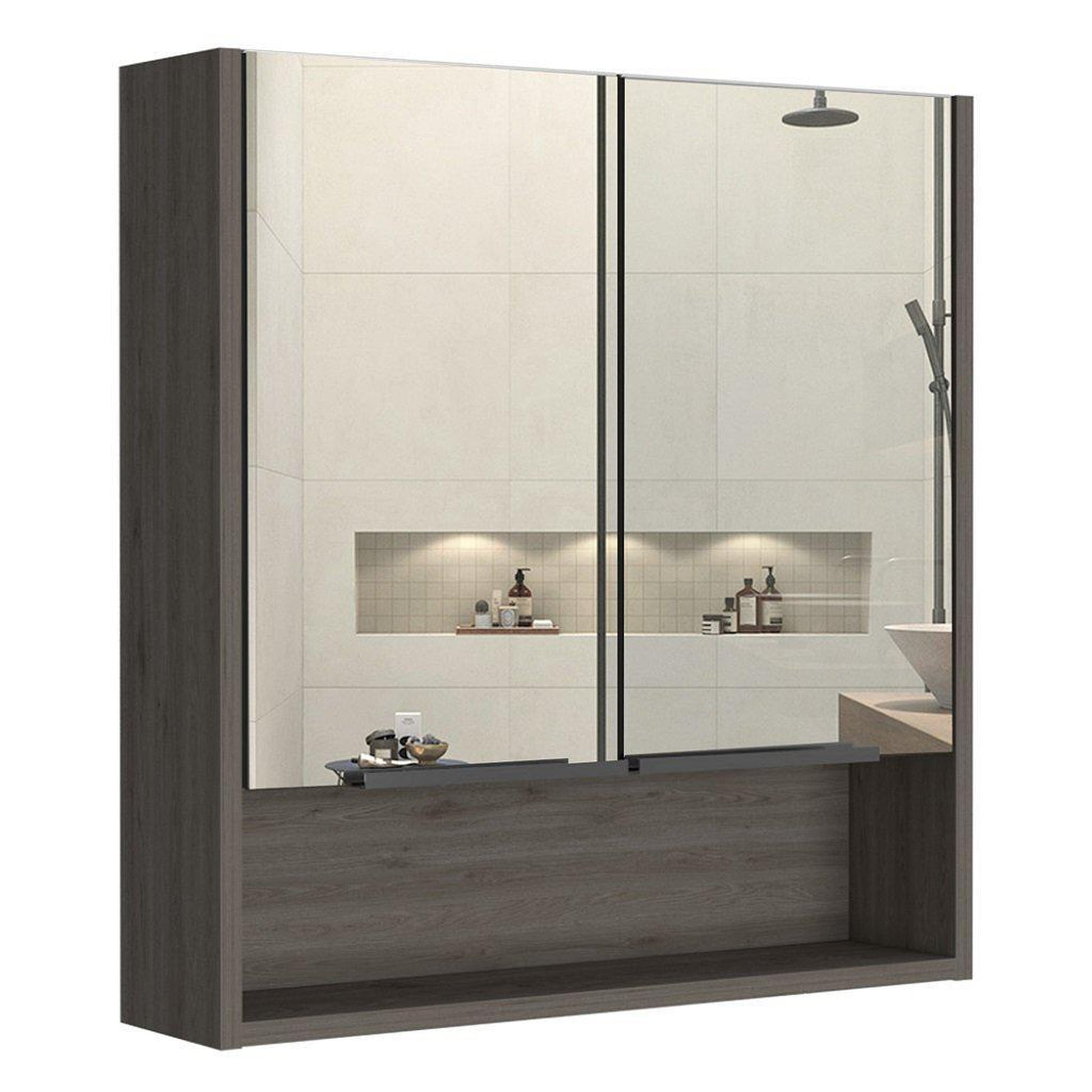 TUHOME Jaspe 24" x 25" Light Oak Wall-Mounted Mirror Medicine Cabinet With Wide-Open Shelf