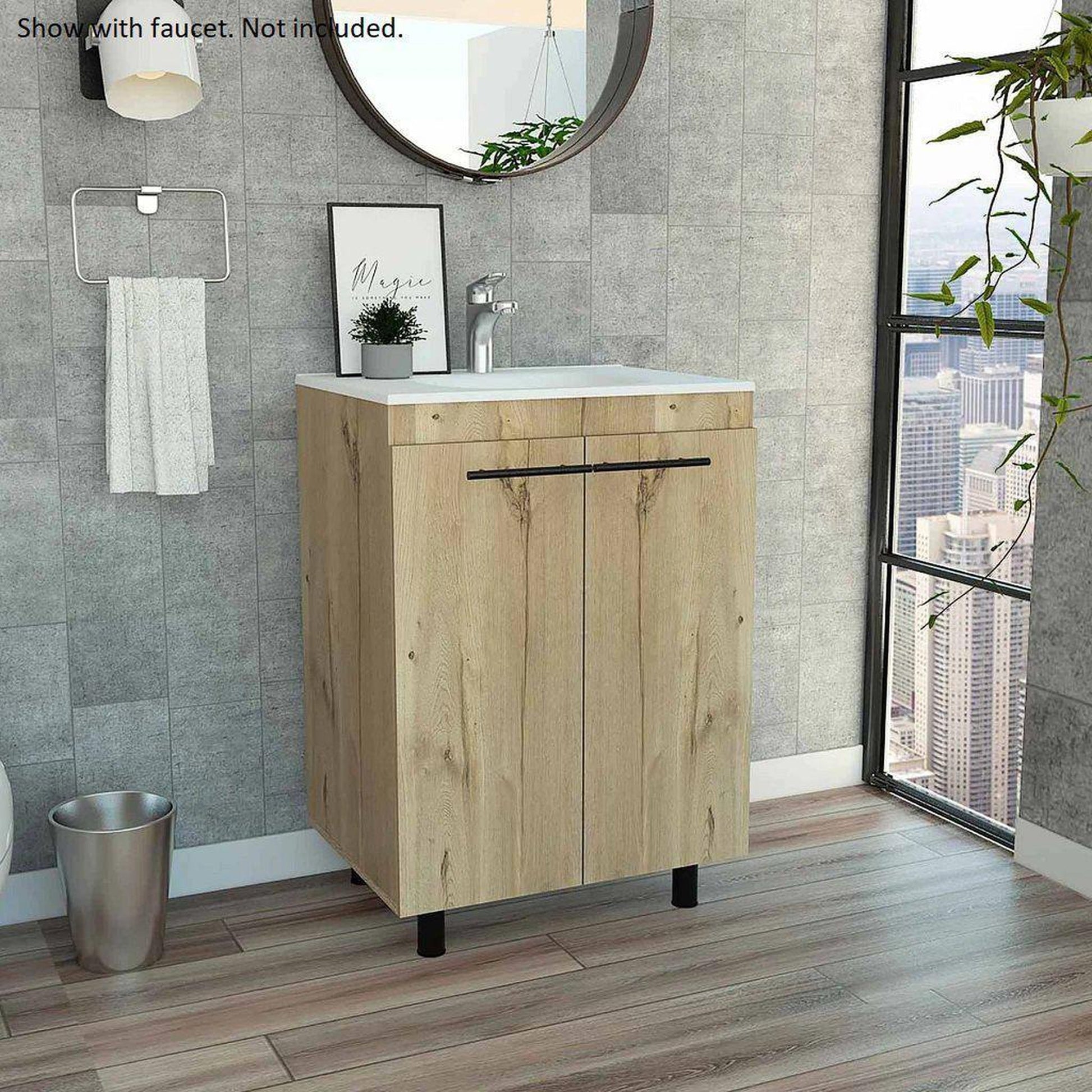 Bathroom Vanity Unit Free Standing Oak Corner Cabinet Grey Quartz