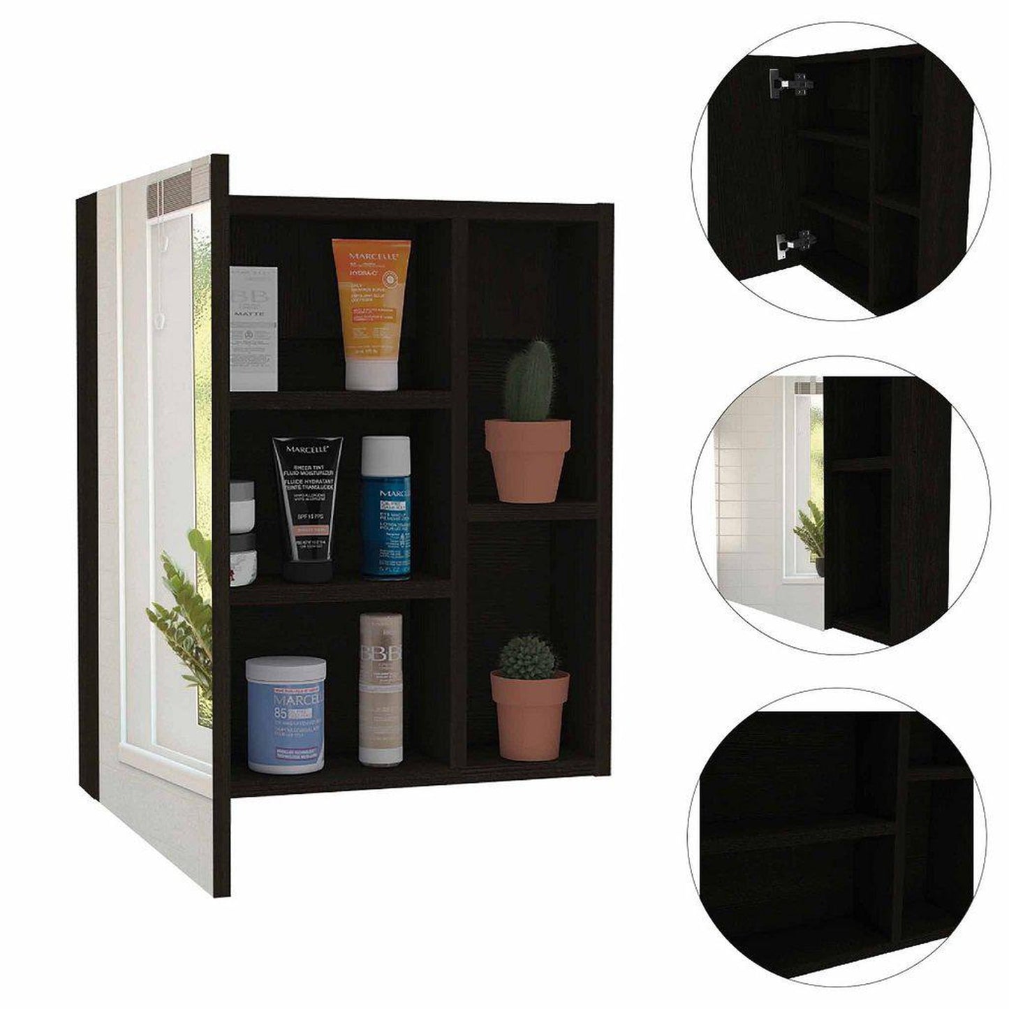 TUHOME Labelle 18" x 20" Black Wengue Wall-Mounted Mirror Medicine Cabinet With 2 Open Shelves
