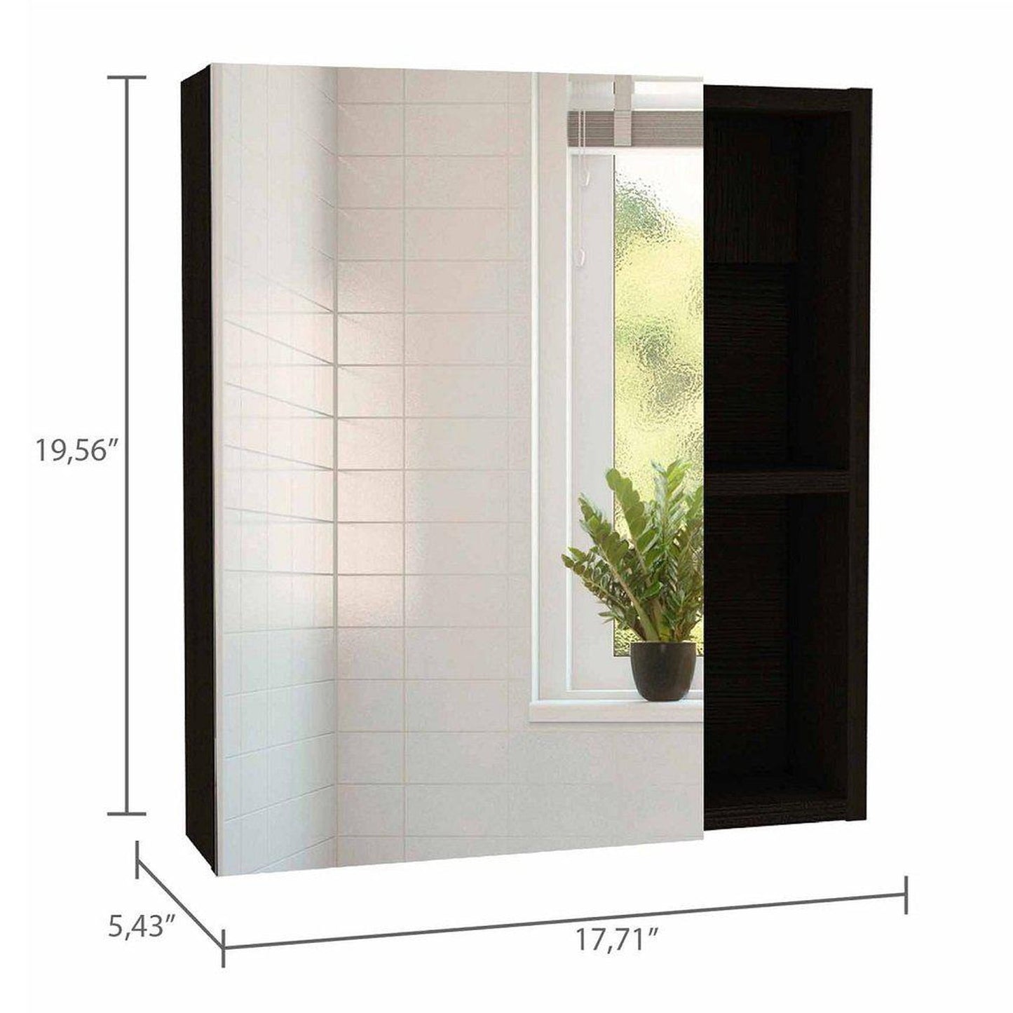 TUHOME Labelle 18" x 20" Black Wengue Wall-Mounted Mirror Medicine Cabinet With 2 Open Shelves