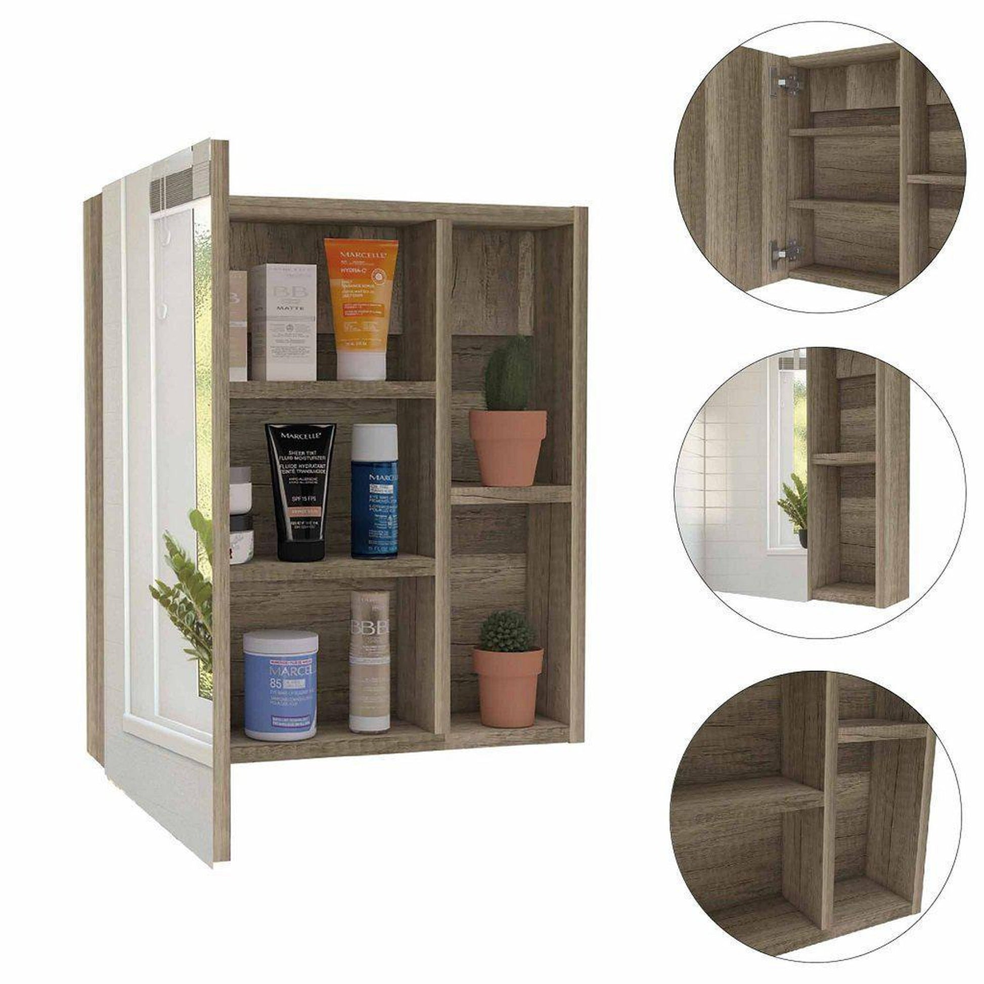 TUHOME Labelle 18" x 20" Weathered Oak Wall-Mounted Mirror Medicine Cabinet With 2 Open Shelves