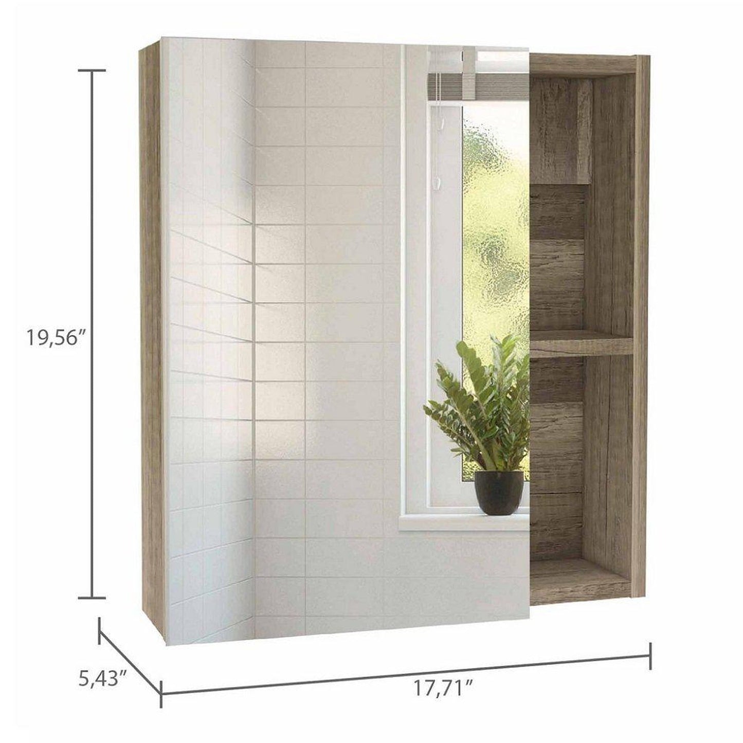 TUHOME Labelle 18" x 20" Weathered Oak Wall-Mounted Mirror Medicine Cabinet With 2 Open Shelves