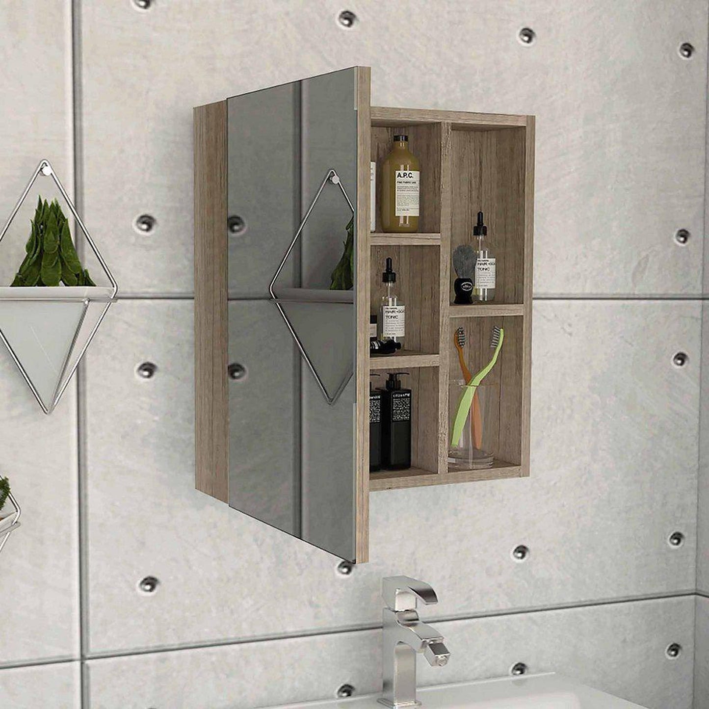 TUHOME Labelle 18" x 20" Weathered Oak Wall-Mounted Mirror Medicine Cabinet With 2 Open Shelves