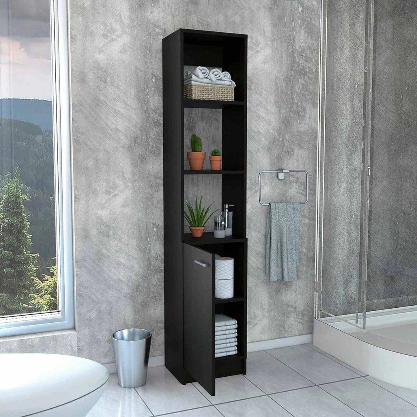 TUHOME Malaga 63" Black Wengue Freestanding Linen Cabinet With 3 Open Shelves
