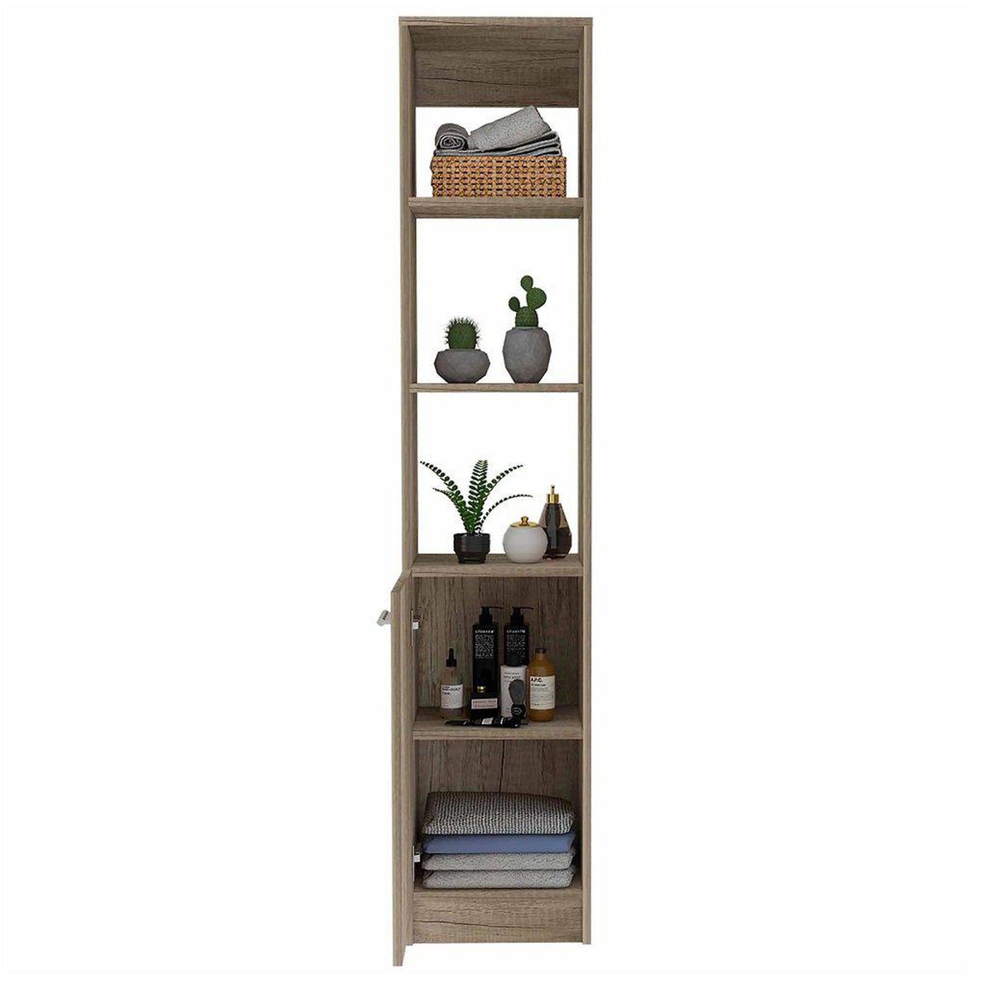 TUHOME Malaga 63" Weathered Oak Freestanding Linen Cabinet With 3 Open Shelves