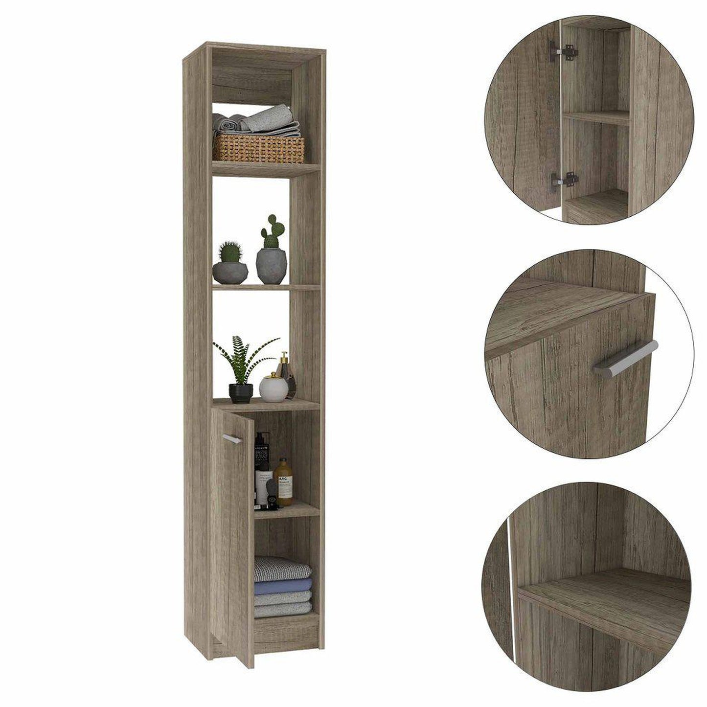 TUHOME Malaga 63" Weathered Oak Freestanding Linen Cabinet With 3 Open Shelves