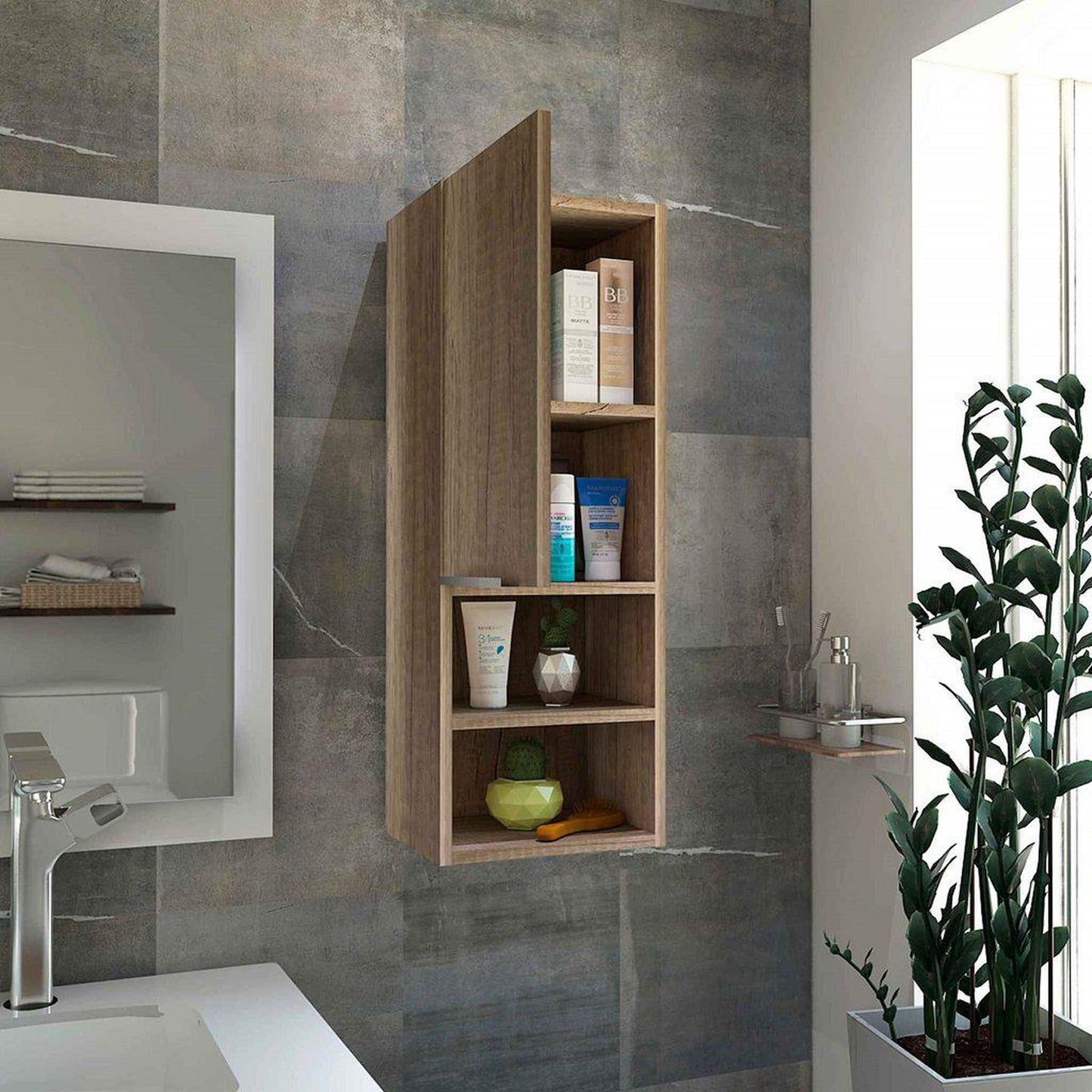 TUHOME Mila 32" Weathered Oak Wall-Mounted Cabinet With 2 Open Shelves