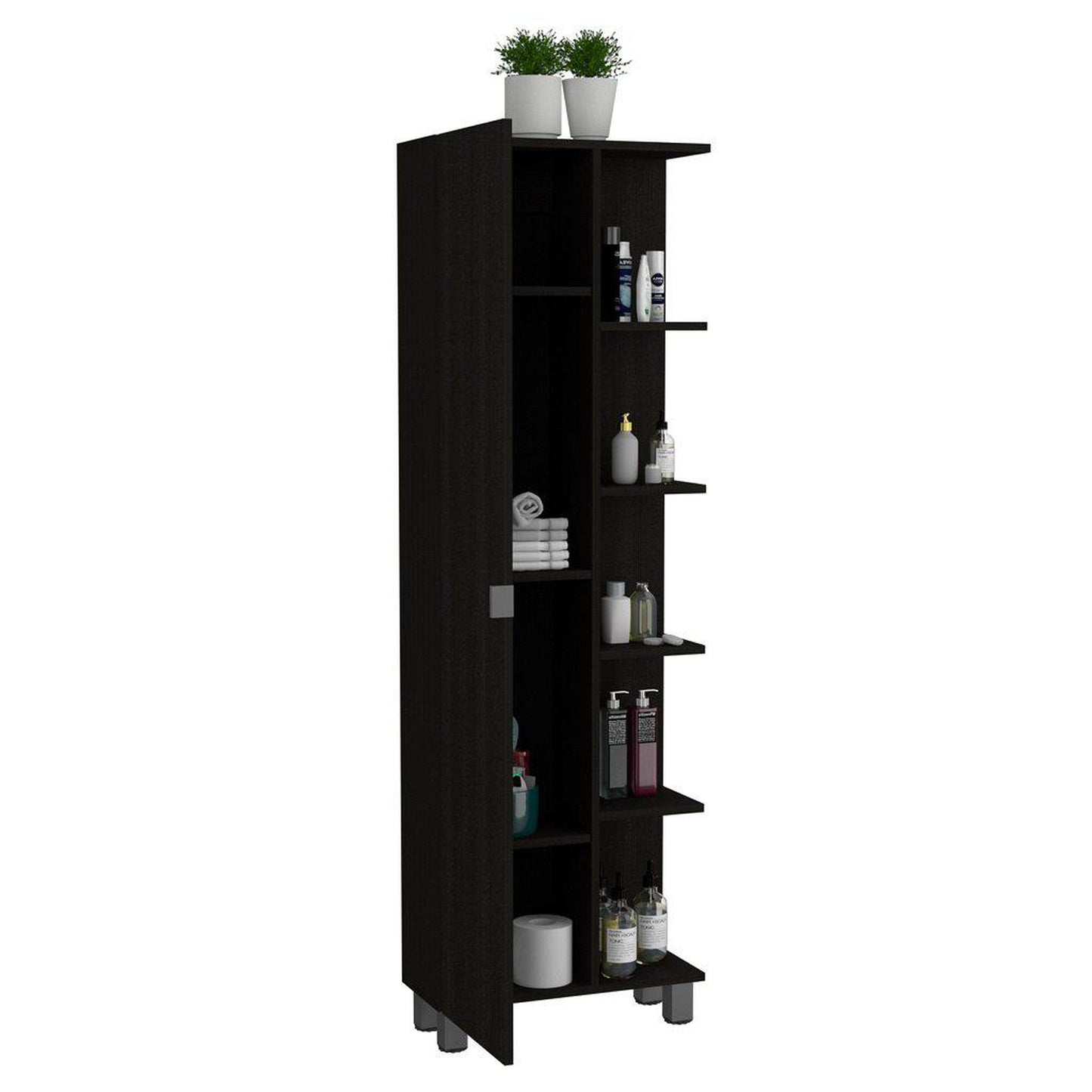 TUHOME Urano 62" Black Wengue Freestanding Corner Linen Cabinet With 5 Open Shelves