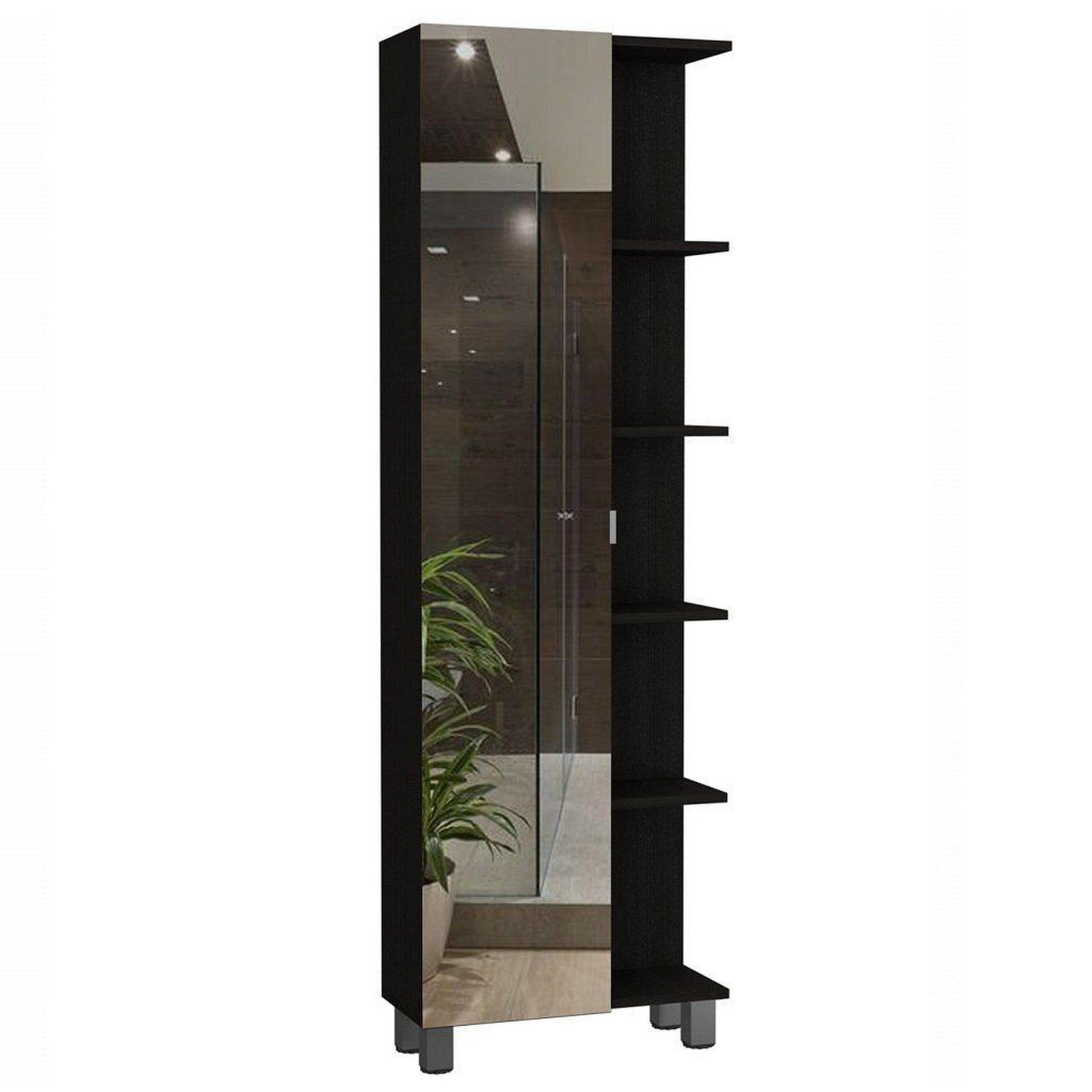 TUHOME Urano 62" Black Wengue Freestanding Corner Mirror Linen Cabinet With 5 Open Shelves