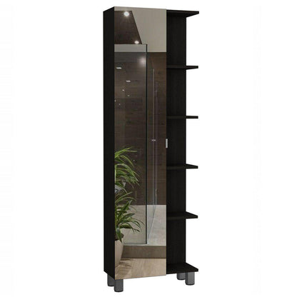 TUHOME Urano 62" Black Wengue Freestanding Corner Mirror Linen Cabinet With 5 Open Shelves