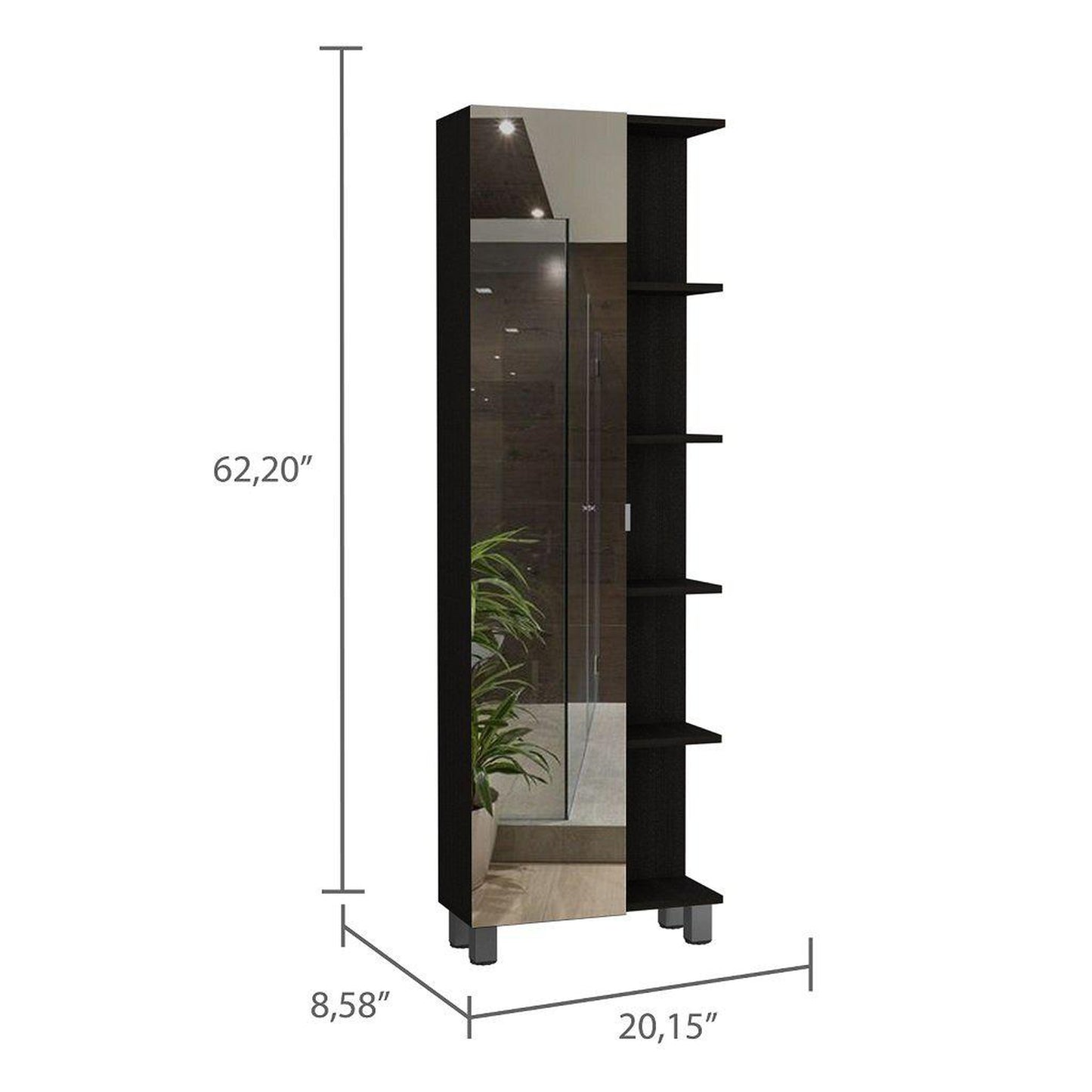 TUHOME Urano 62" Black Wengue Freestanding Corner Mirror Linen Cabinet With 5 Open Shelves