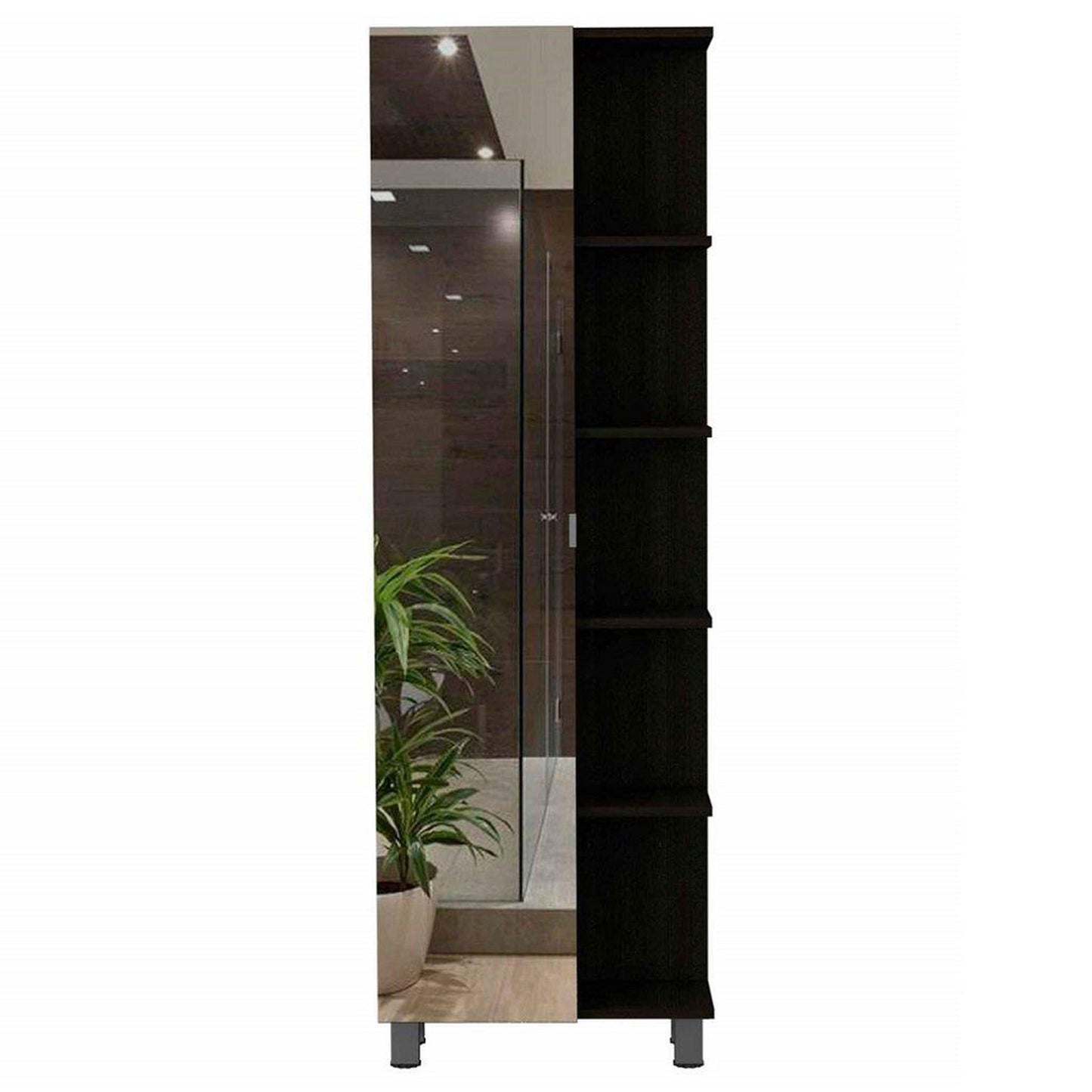 TUHOME Urano 62" Black Wengue Freestanding Corner Mirror Linen Cabinet With 5 Open Shelves