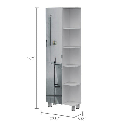 TUHOME Urano 62" White Freestanding Corner Mirror Linen Cabinet With 5 Open Shelves