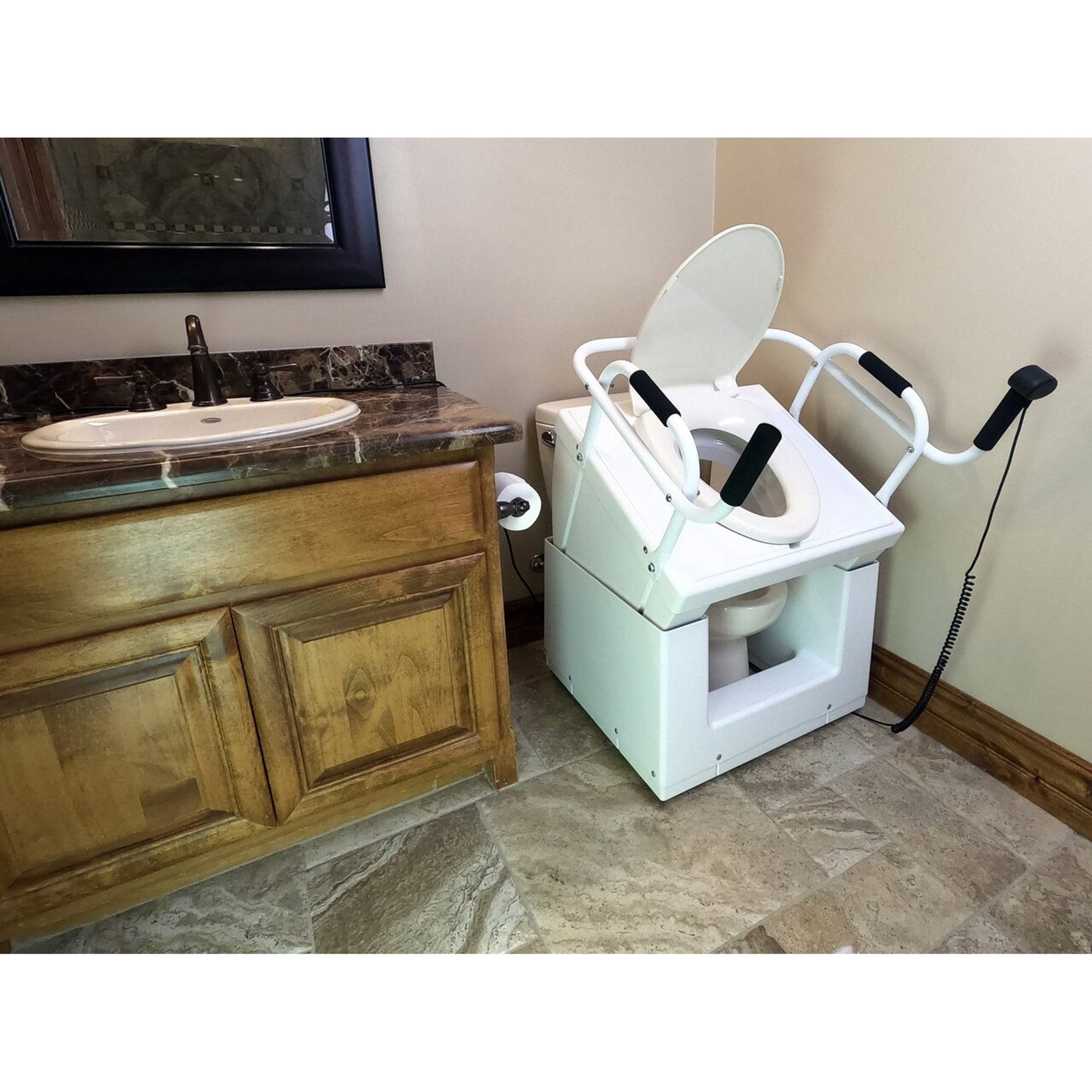 Throne Buttler 37" Powered Toilet Lift Chair With 26" Standard Handle Bar, Bidet Seat and Fitted Splash Guard