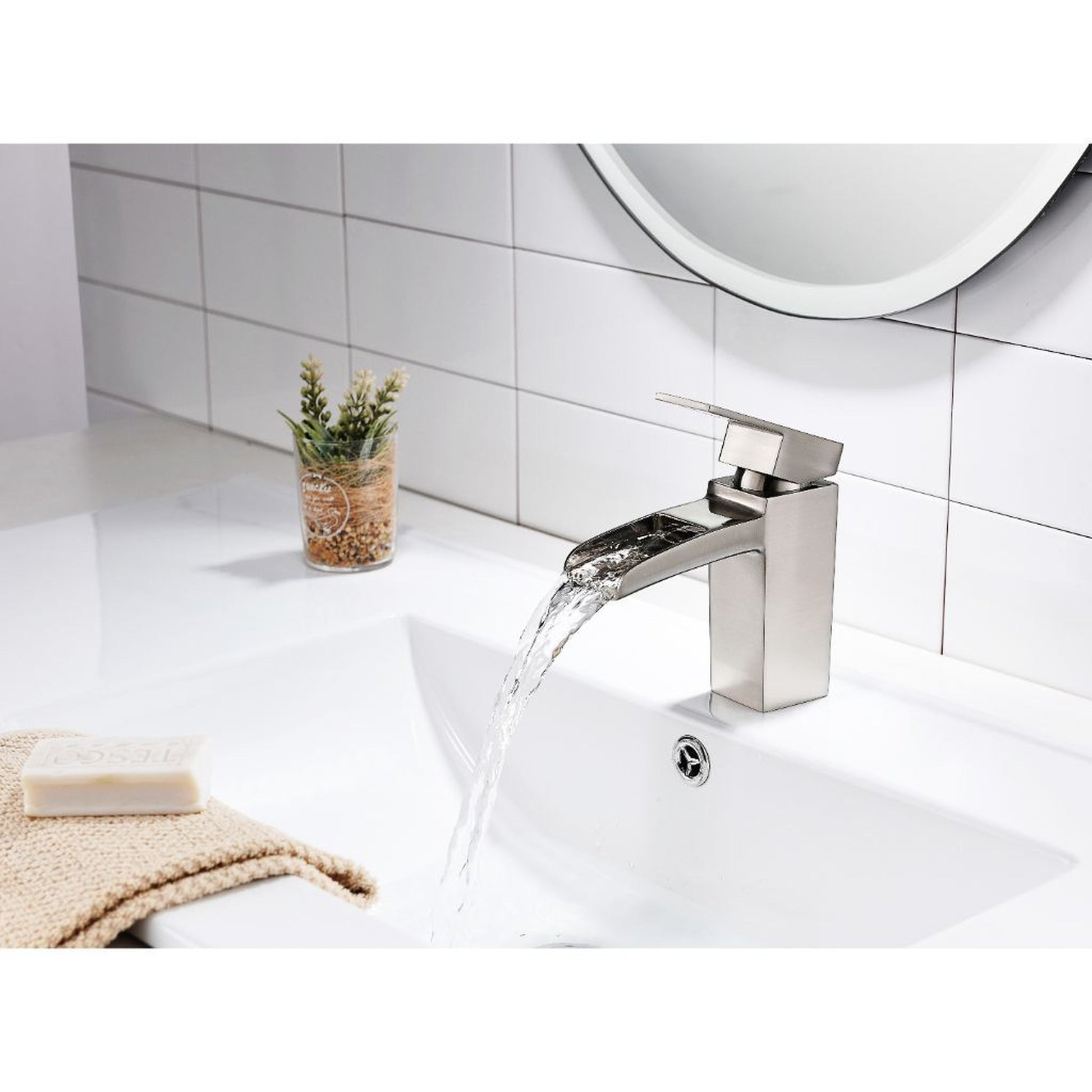 Vanity Art 6" Brushed Nickel Single Hole Dazzling Mirror-Like Look Waterfall Spout Bathroom Vessel Sink Faucet