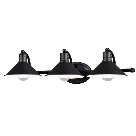 Vaxcel Akron 28" 3-Light Oil Rubbed Bronze and Matte White Vanity Light with Metal Shade