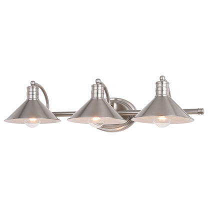 Vaxcel Akron 28" 3-Light Satin Nickel and Matte White Vanity Light with Metal Shade