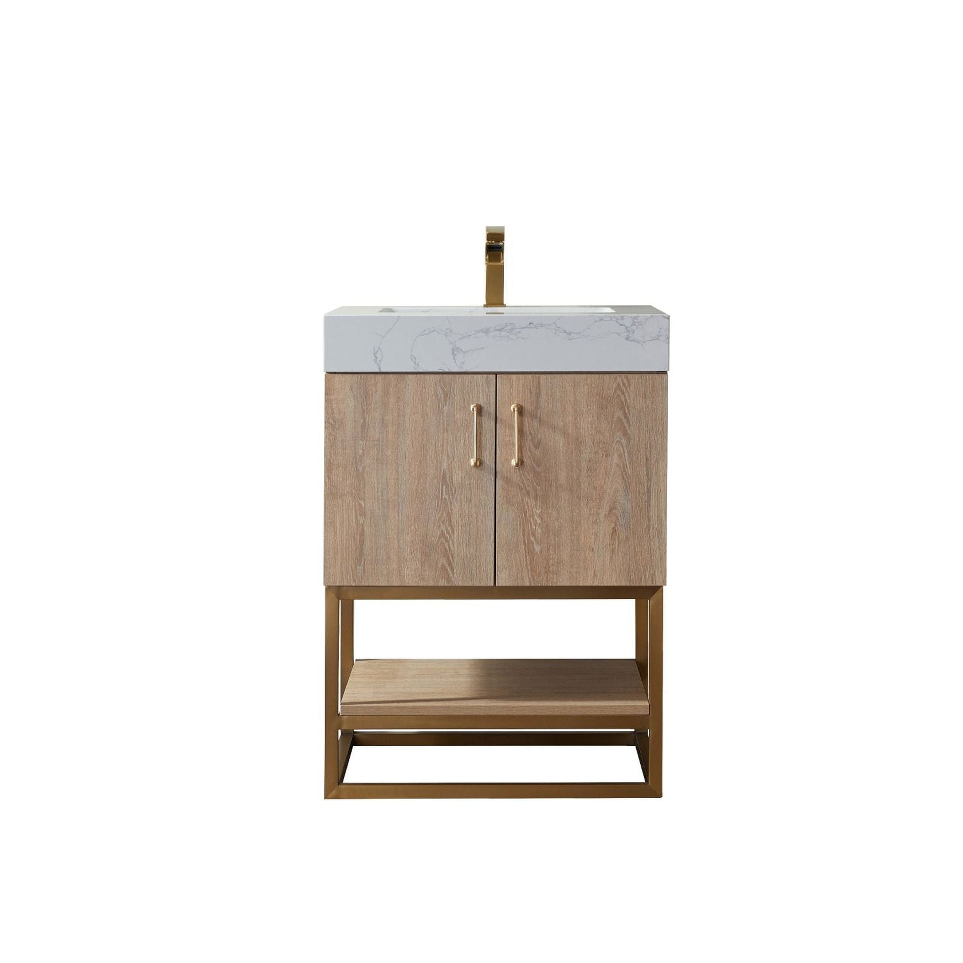 Vinnova Alistair 24" North American Oak Freestanding Single Vanity Set In Brushed Gold Metal Bracket Support Base and White Grain Stone Top With Undermount Ceramic Sink and Mirror