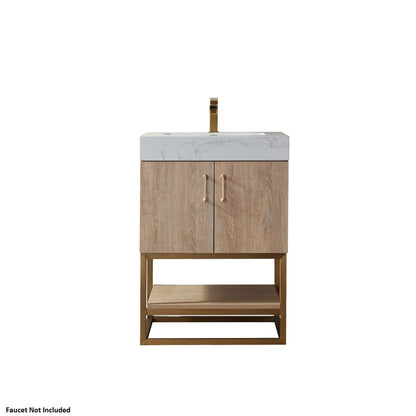 Vinnova Alistair 24" North American Oak Freestanding Single Vanity Set In Brushed Gold Metal Bracket Support Base and White Grain Stone Top With Undermount Ceramic Sink