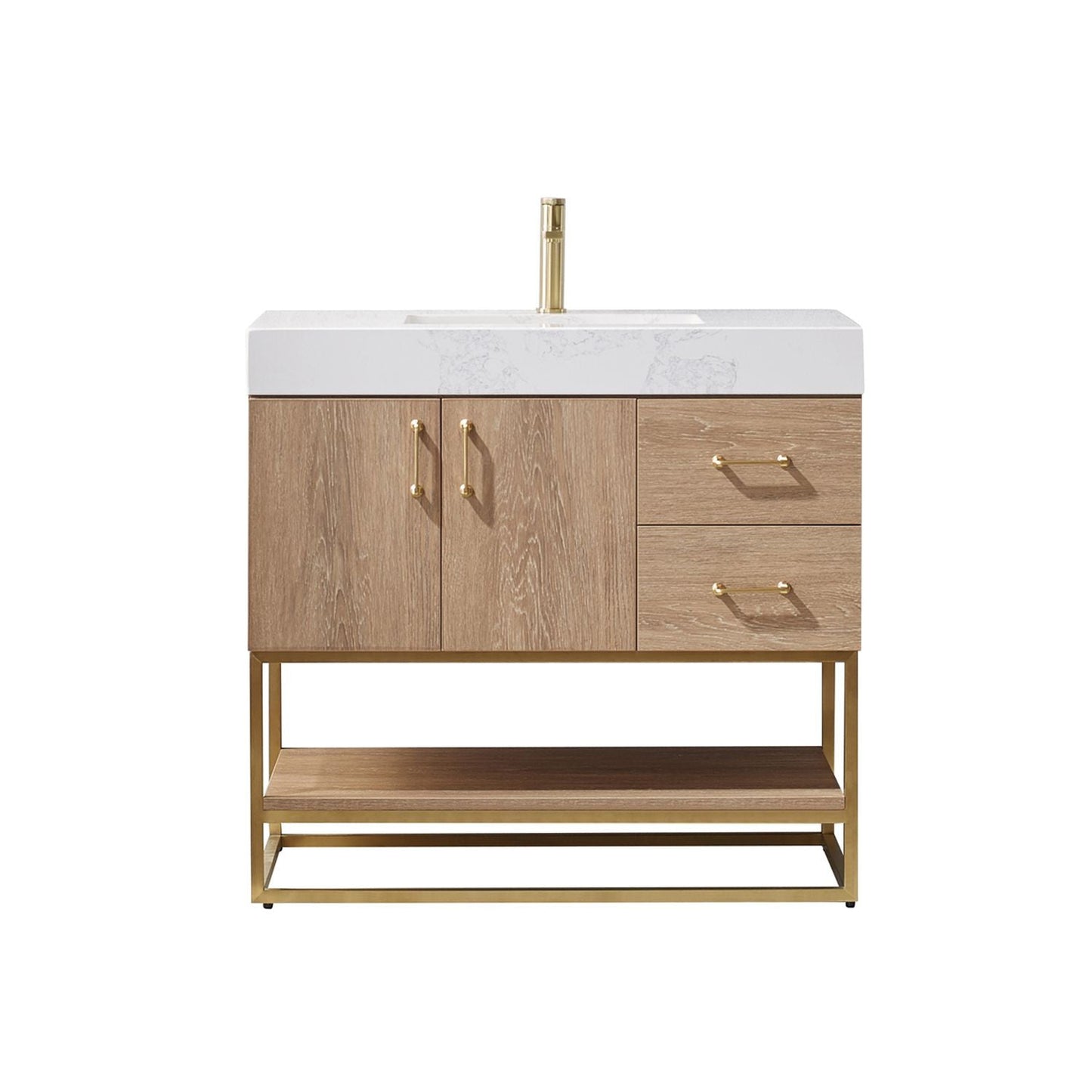 Vinnova Alistair 36" North American Oak Freestanding Single Vanity Set In Brushed Gold Metal Bracket Support Base and White Grain Stone Top With Undermount Ceramic Sink and Mirror