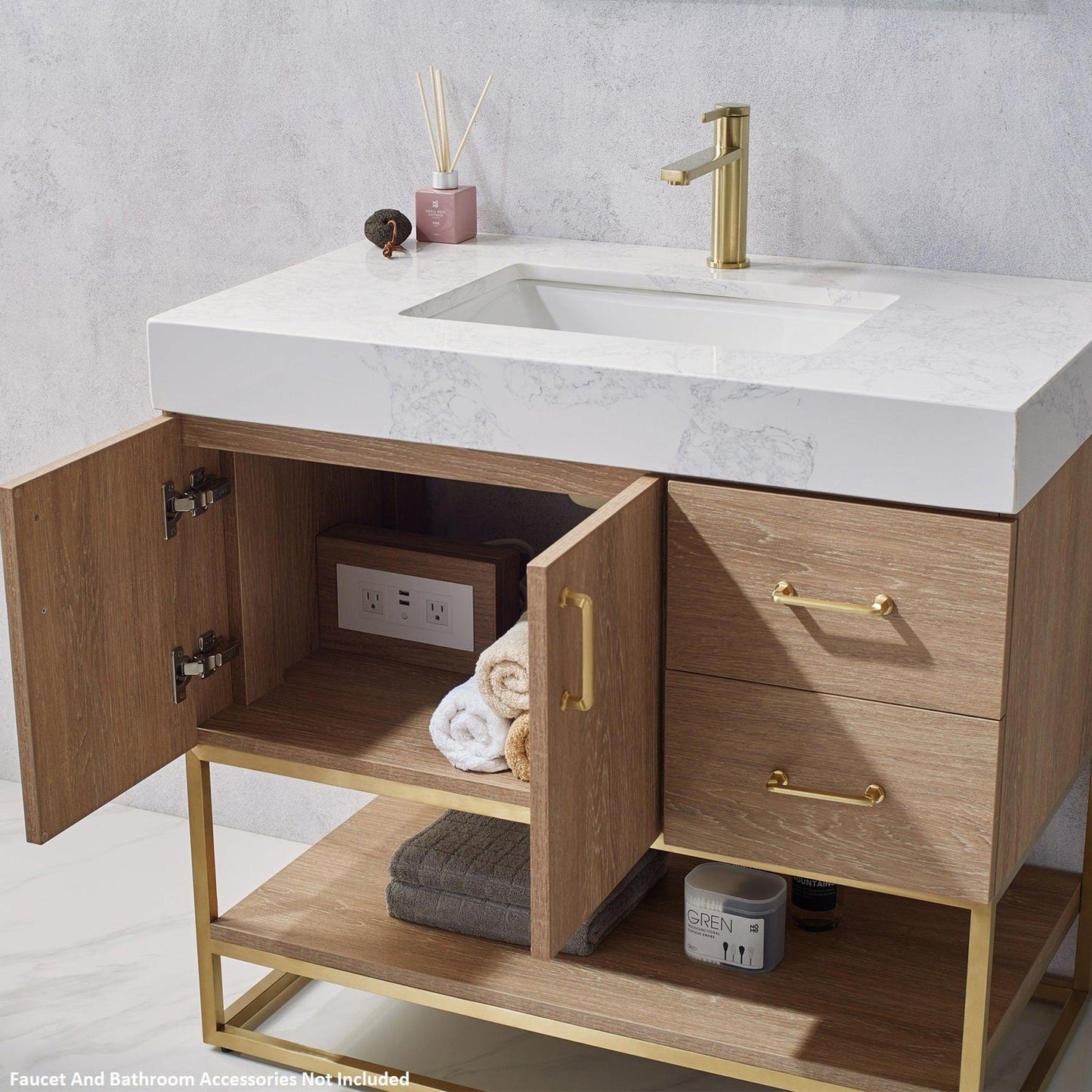 Vinnova Alistair 36" North American Oak Freestanding Single Vanity Set In Brushed Gold Metal Bracket Support Base and White Grain Stone Top With Undermount Ceramic Sink and Mirror