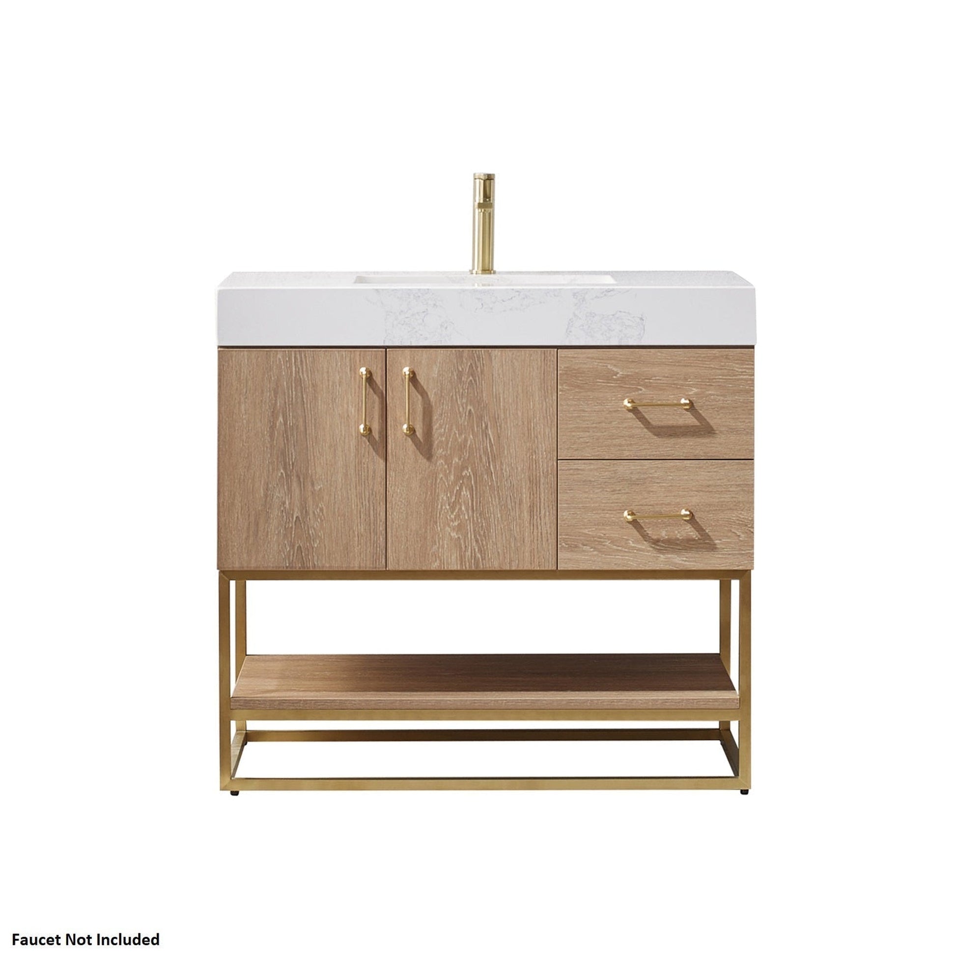 Vinnova Alistair 36" North American Oak Freestanding Single Vanity Set In Brushed Gold Metal Bracket Support Base and White Grain Stone Top With Undermount Ceramic Sink