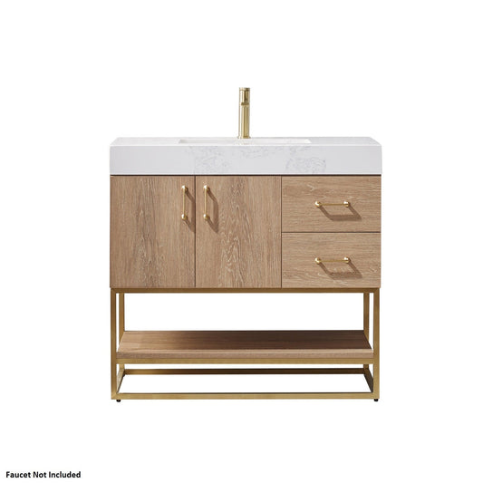 Vinnova Alistair 36" North American Oak Freestanding Single Vanity Set In Brushed Gold Metal Bracket Support Base and White Grain Stone Top With Undermount Ceramic Sink