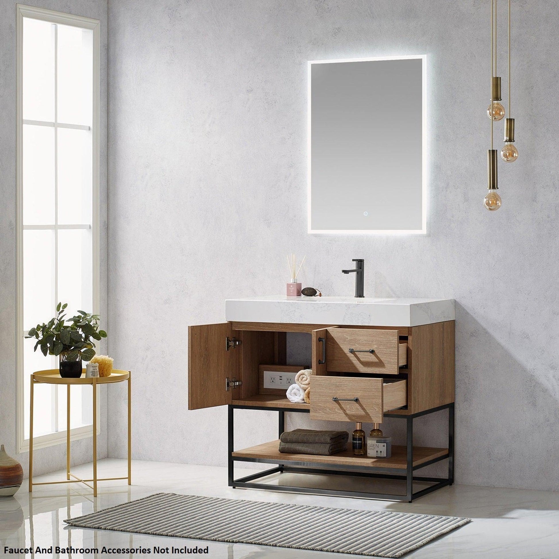 Vinnova Alistair 36" North American Oak Freestanding Single Vanity Set In Matte Black Metal Bracket Support Base and White Grain Stone Top With Undermount Ceramic Sink and Mirror