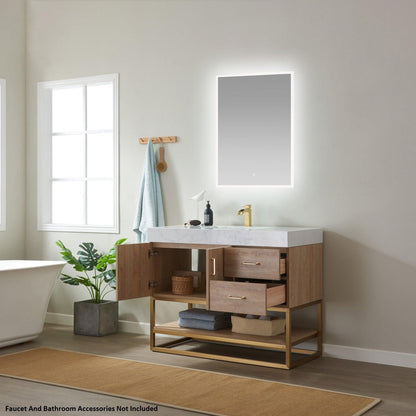 Vinnova Alistair 42" North American Oak Freestanding Single Vanity Set In Brushed Gold Metal Bracket Support Base and White Grain Stone Top With Undermount Ceramic Sink and Mirror