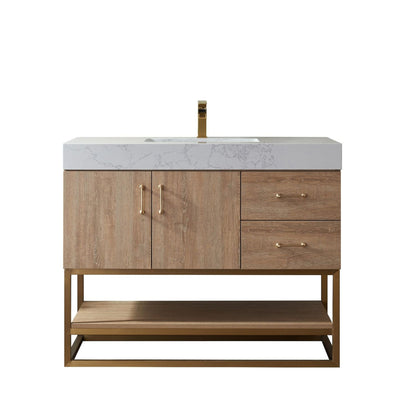 Vinnova Alistair 42" North American Oak Freestanding Single Vanity Set In Brushed Gold Metal Bracket Support Base and White Grain Stone Top With Undermount Ceramic Sink and Mirror