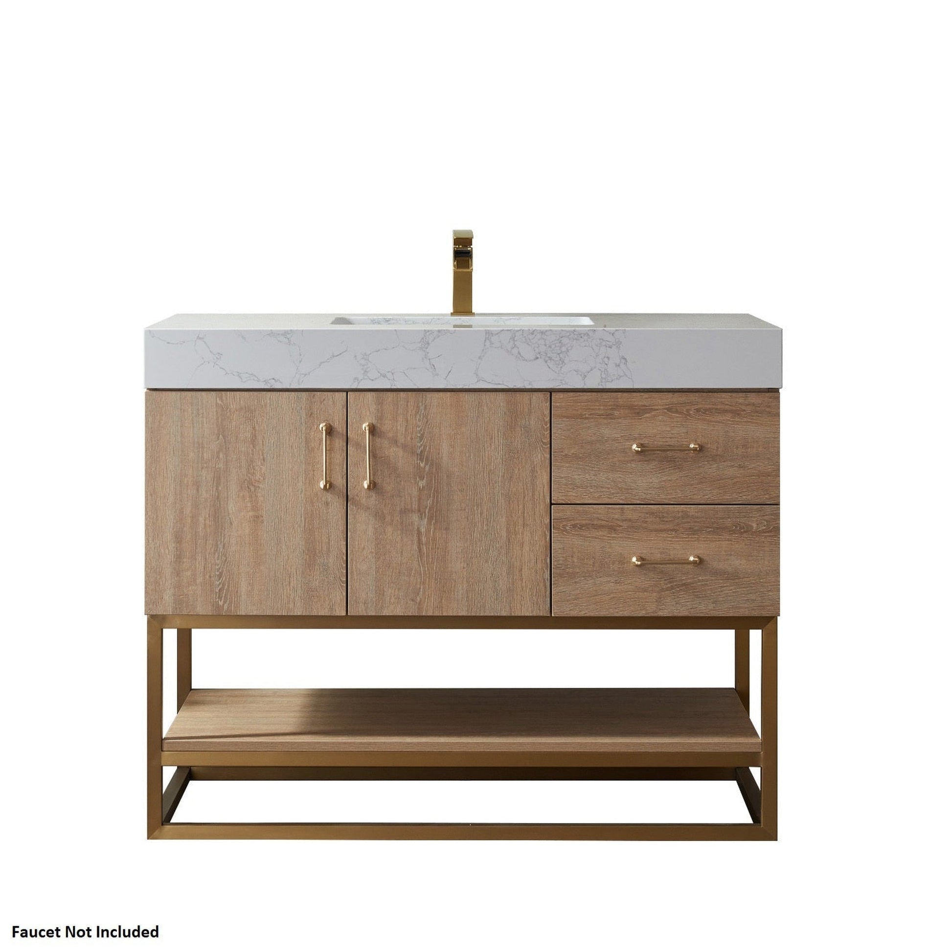 Vinnova Alistair 42" North American Oak Freestanding Single Vanity Set In Brushed Gold Metal Bracket Support Base and White Grain Stone Top With Undermount Ceramic Sink