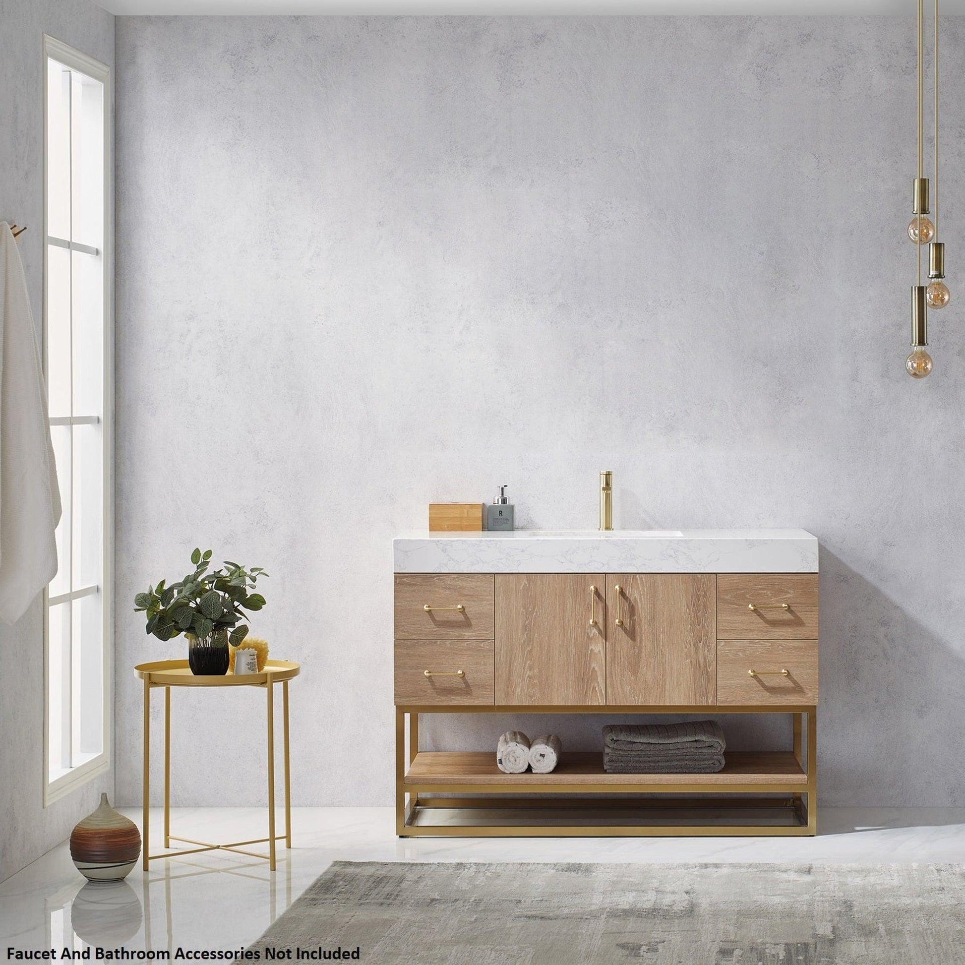 Vinnova Alistair 48" North American Oak Freestanding Single Vanity Set In Brushed Gold Metal Bracket Support Base and White Grain Stone Top With Undermount Ceramic Sink