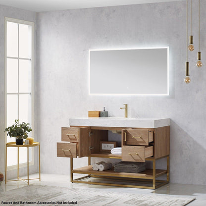 Vinnova Alistair 48" North American Oak Freestanding Single Vanity Set In Brushed Gold Metal Bracket Support Base and White Grain Stone Top With Undermount Ceramic Sink and Mirror