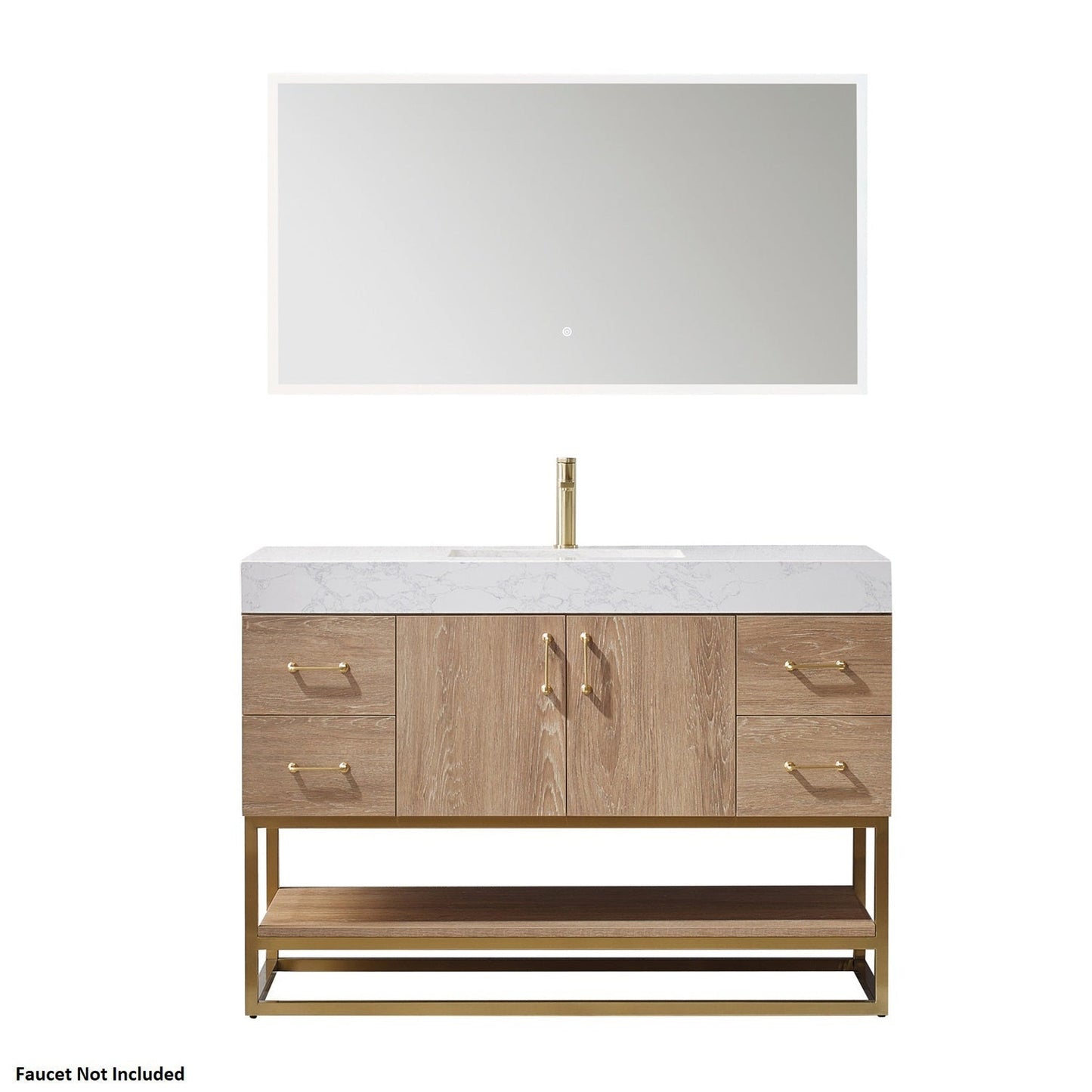 Vinnova Alistair 48" North American Oak Freestanding Single Vanity Set In Brushed Gold Metal Bracket Support Base and White Grain Stone Top With Undermount Ceramic Sink and Mirror