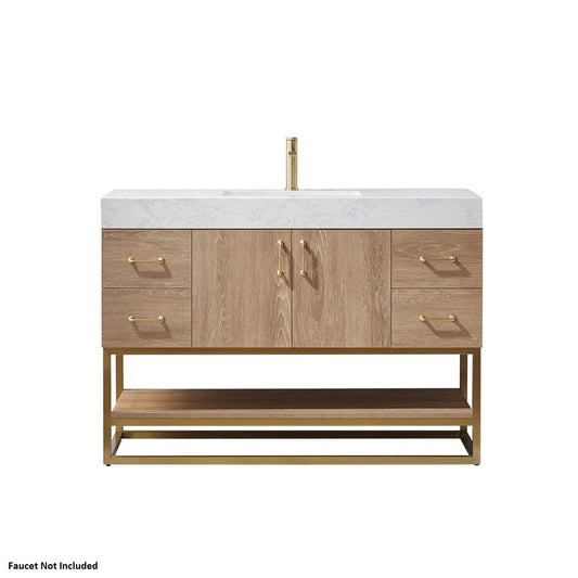 Vinnova Alistair 48" North American Oak Freestanding Single Vanity Set In Brushed Gold Metal Bracket Support Base and White Grain Stone Top With Undermount Ceramic Sink