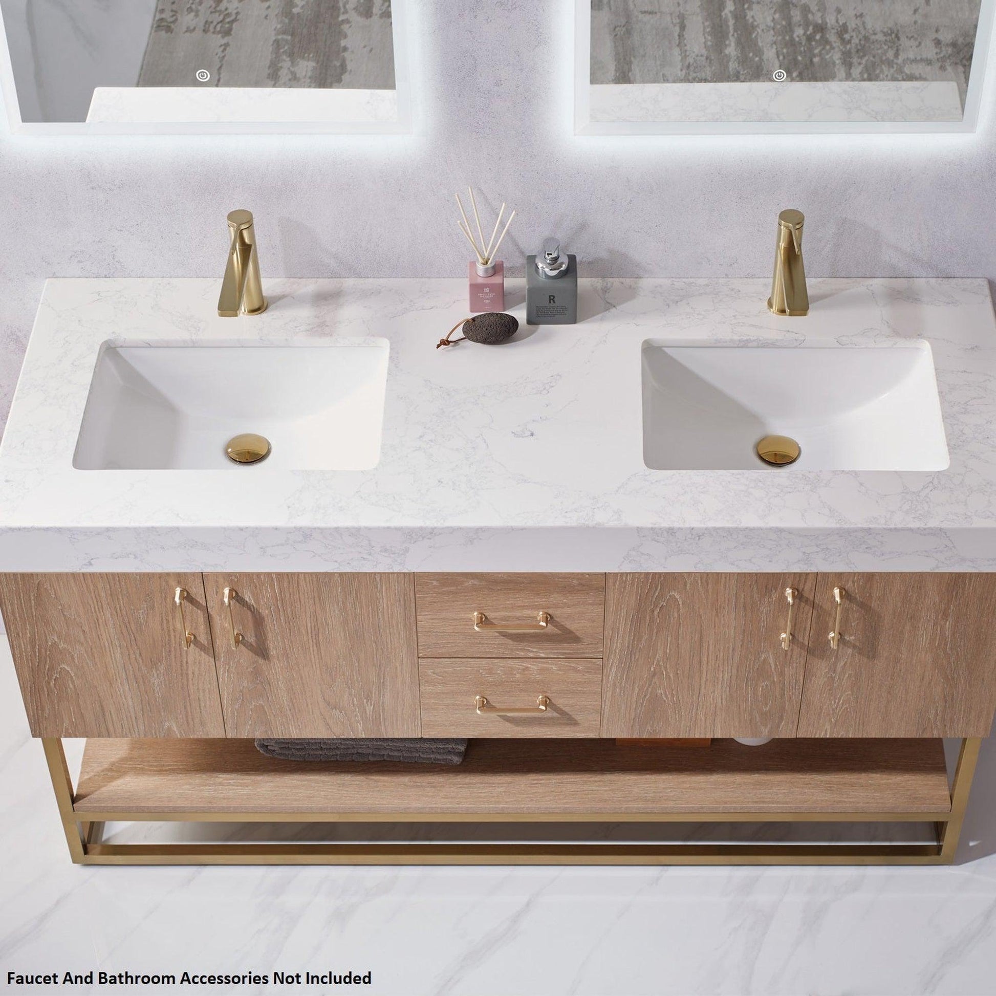 Vinnova Alistair 60" North American Oak Freestanding Double Vanity Set In Brushed Gold Metal Bracket Support Base and White Grain Stone Top With Undermount Ceramic Sink and Mirror